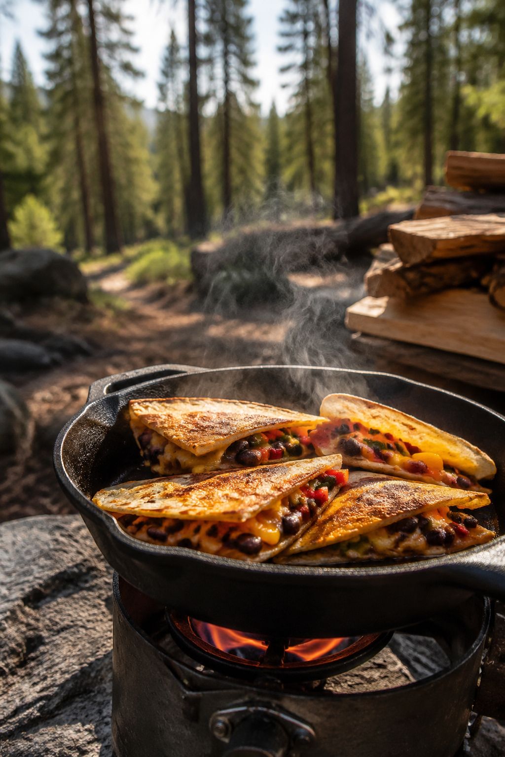 Portrait/Pinterest format () showing a cast iron skillet over a camp stove with sizzling quesadillas filled with black