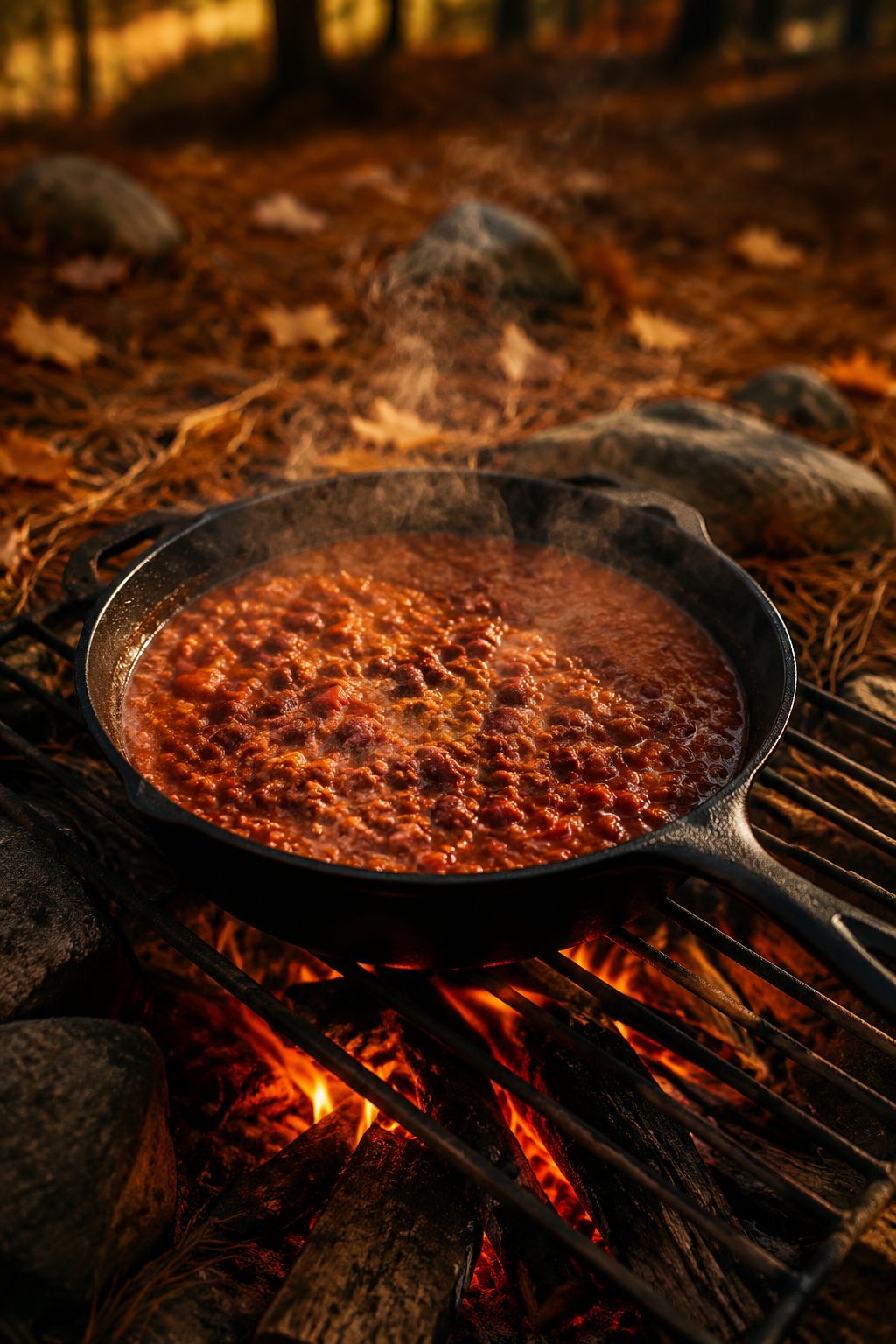 Portrait/Pinterest format () showing a close-up angled shot of a rustic cast iron skillet on a campfire grate with a