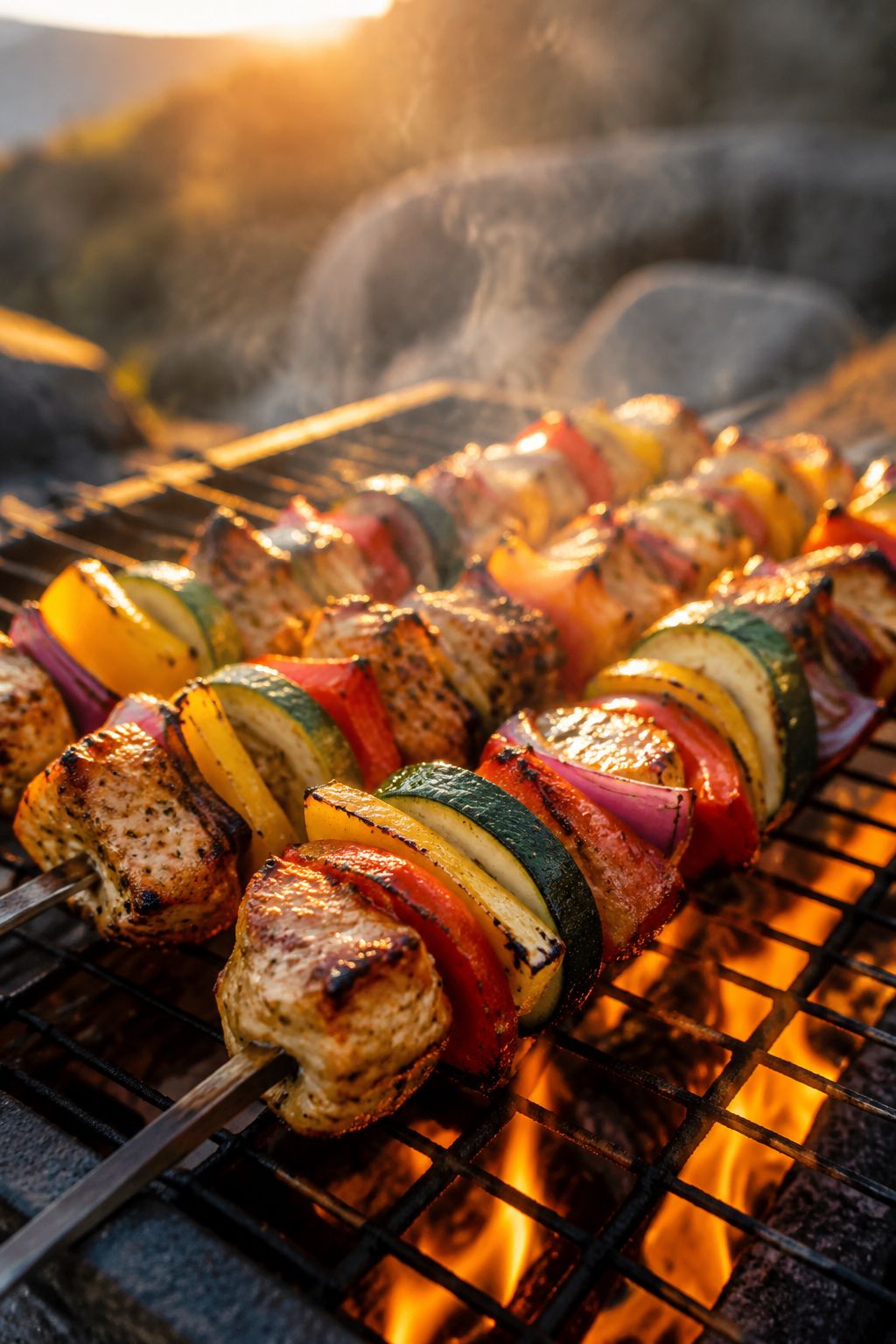 Portrait/Pinterest format () showing a close-up of skewers loaded with marinated chicken, bell peppers, onions, and zucchini