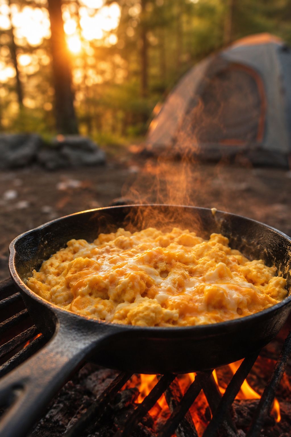 Portrait/Pinterest format () showing a close-up side angle of a cast iron skillet on a campfire grate with fluffy scrambled