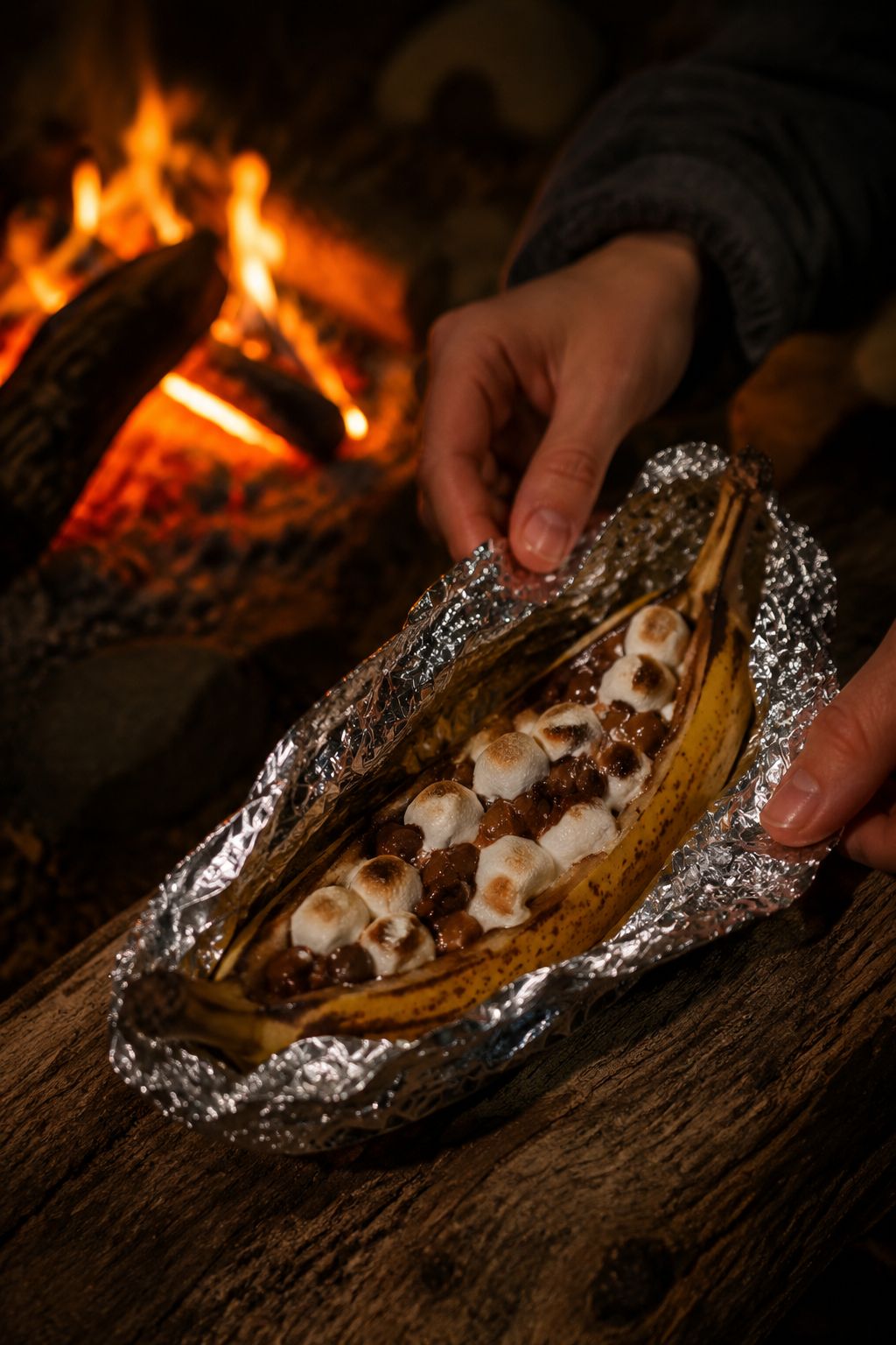 Portrait/Pinterest format () showing a dessert campfire scene: a large foil-wrapped banana boat dessert being opened to