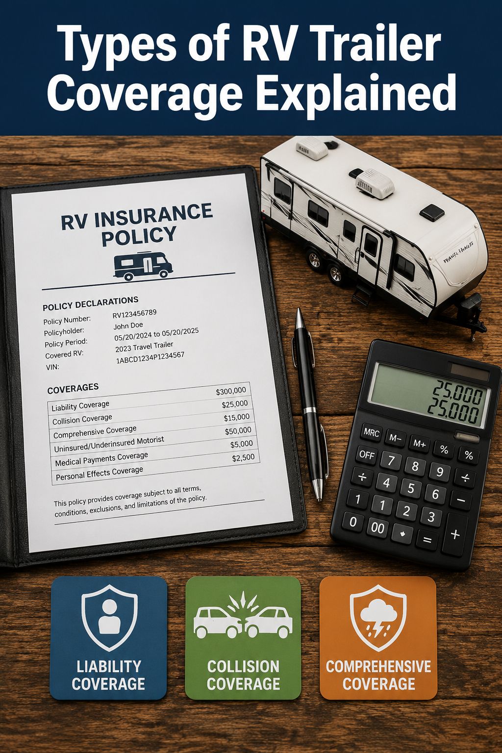 Portrait/Pinterest format () showing a detailed flat-lay overhead composition on a rustic wooden table: an open RV insurance