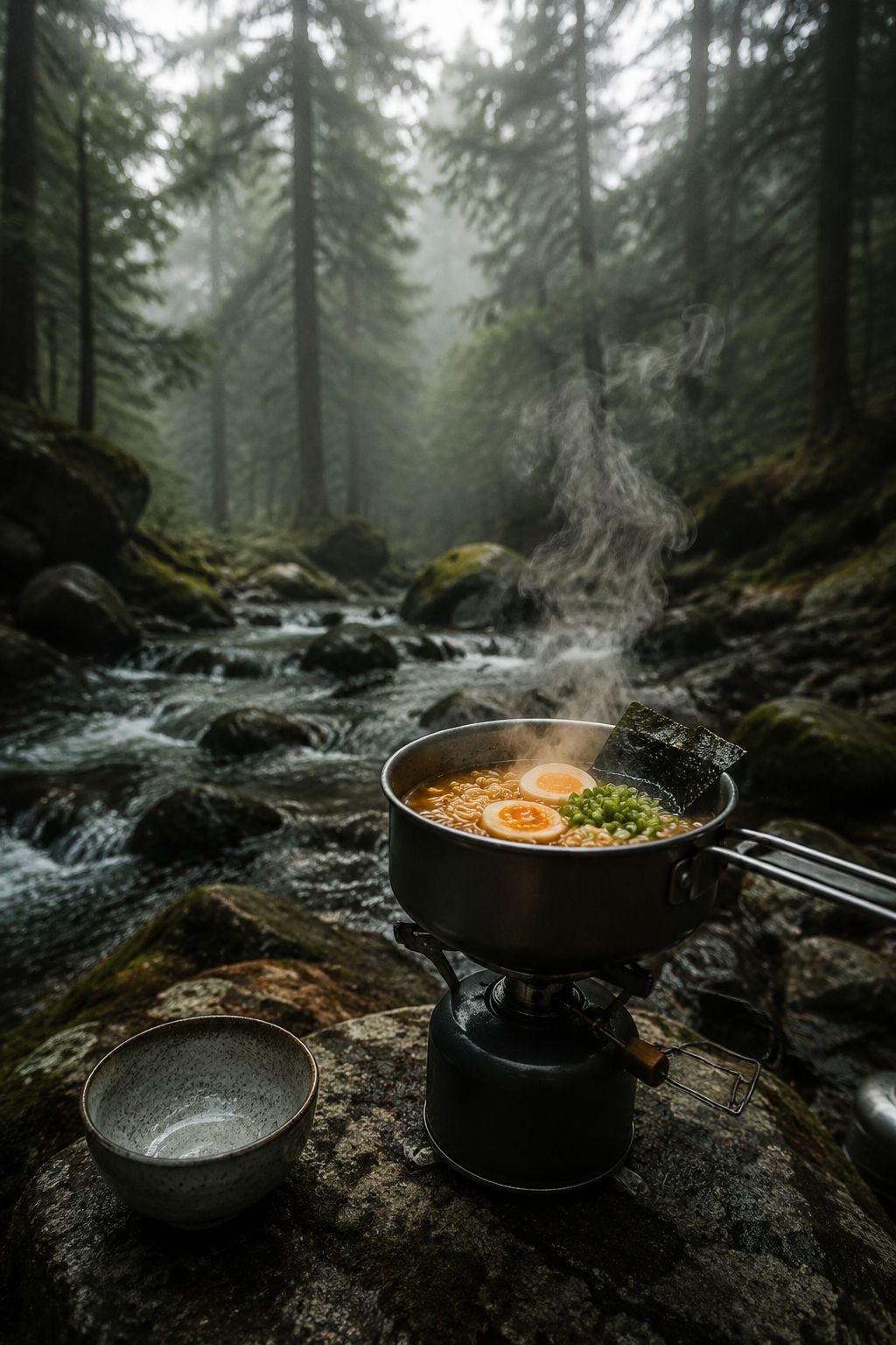 Portrait/Pinterest format () showing a dramatic low-angle shot of a camp stove with a small pot of simmering ramen noodles