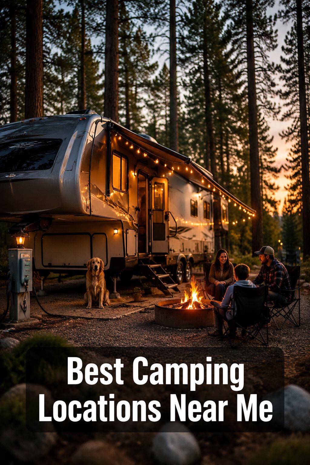 Portrait/Pinterest format () showing a dramatic low-angle shot of a silver fifth-wheel trailer parked at a premium private