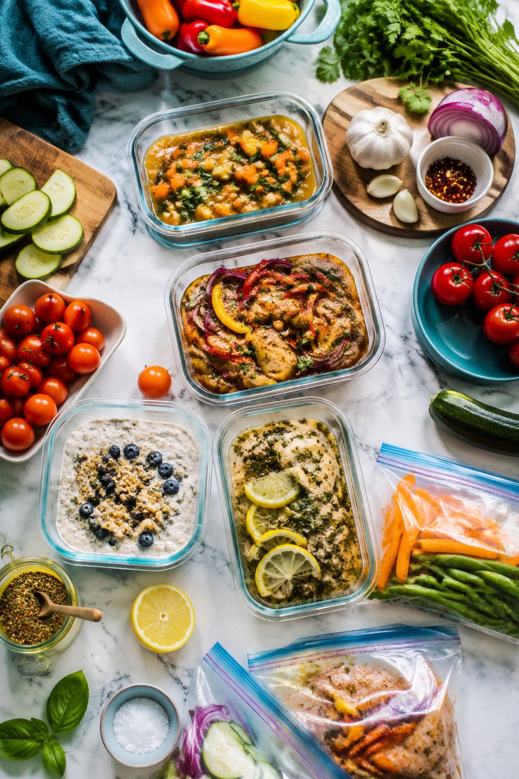 Portrait/Pinterest format () showing a flat-lay overhead shot of a kitchen counter with multiple glass meal-prep containers