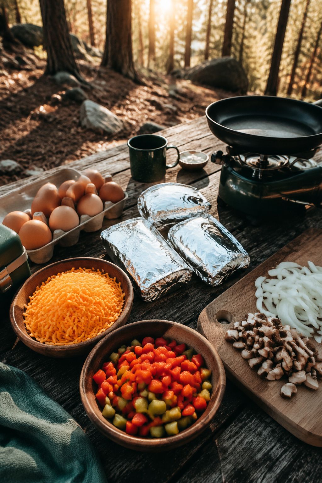 Portrait/Pinterest format () showing a flat lay overhead shot of camping breakfast ingredients arranged on a weathered