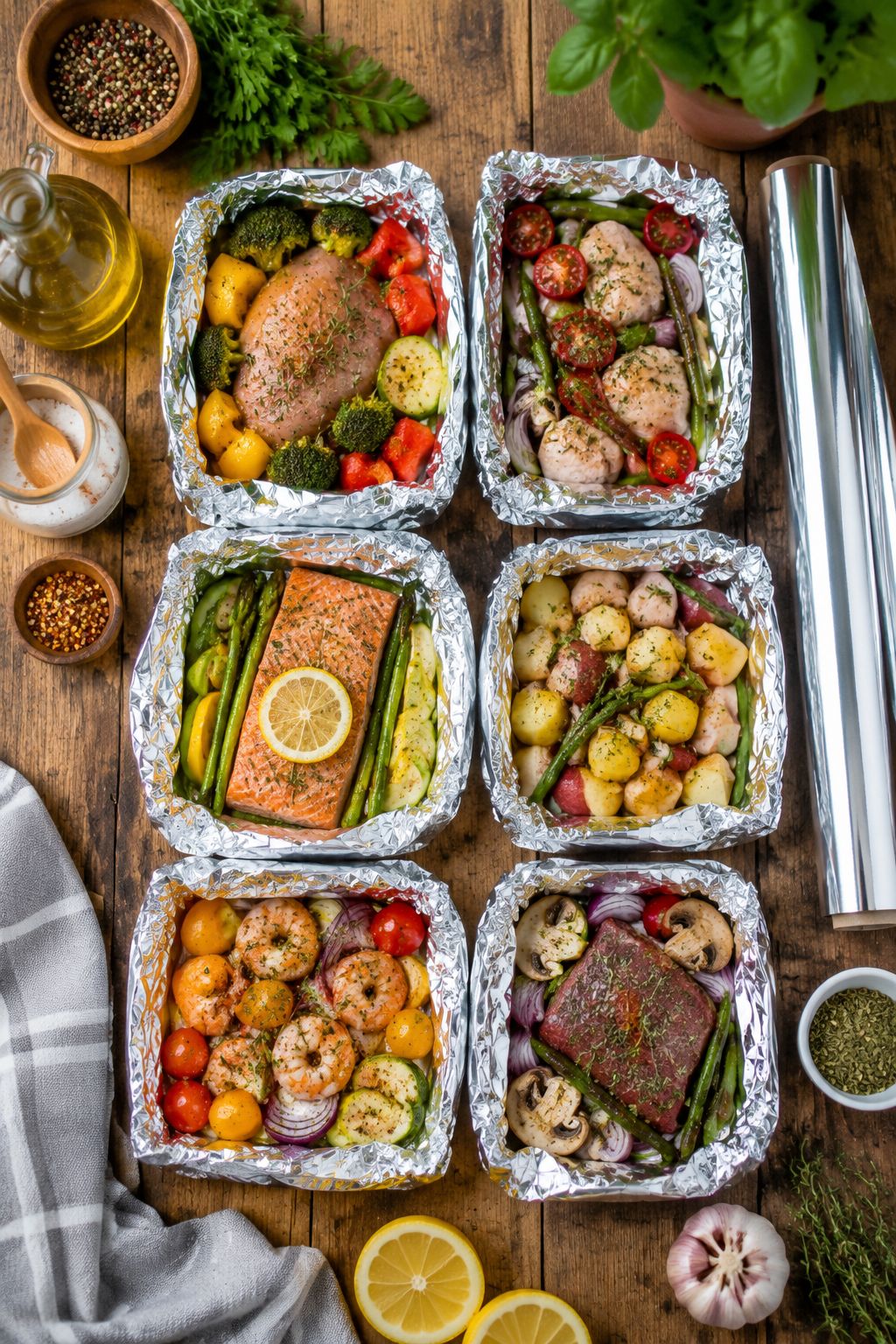 Portrait/Pinterest format () showing a flat lay overhead shot of camping meal prep essentials: foil packets arranged in a