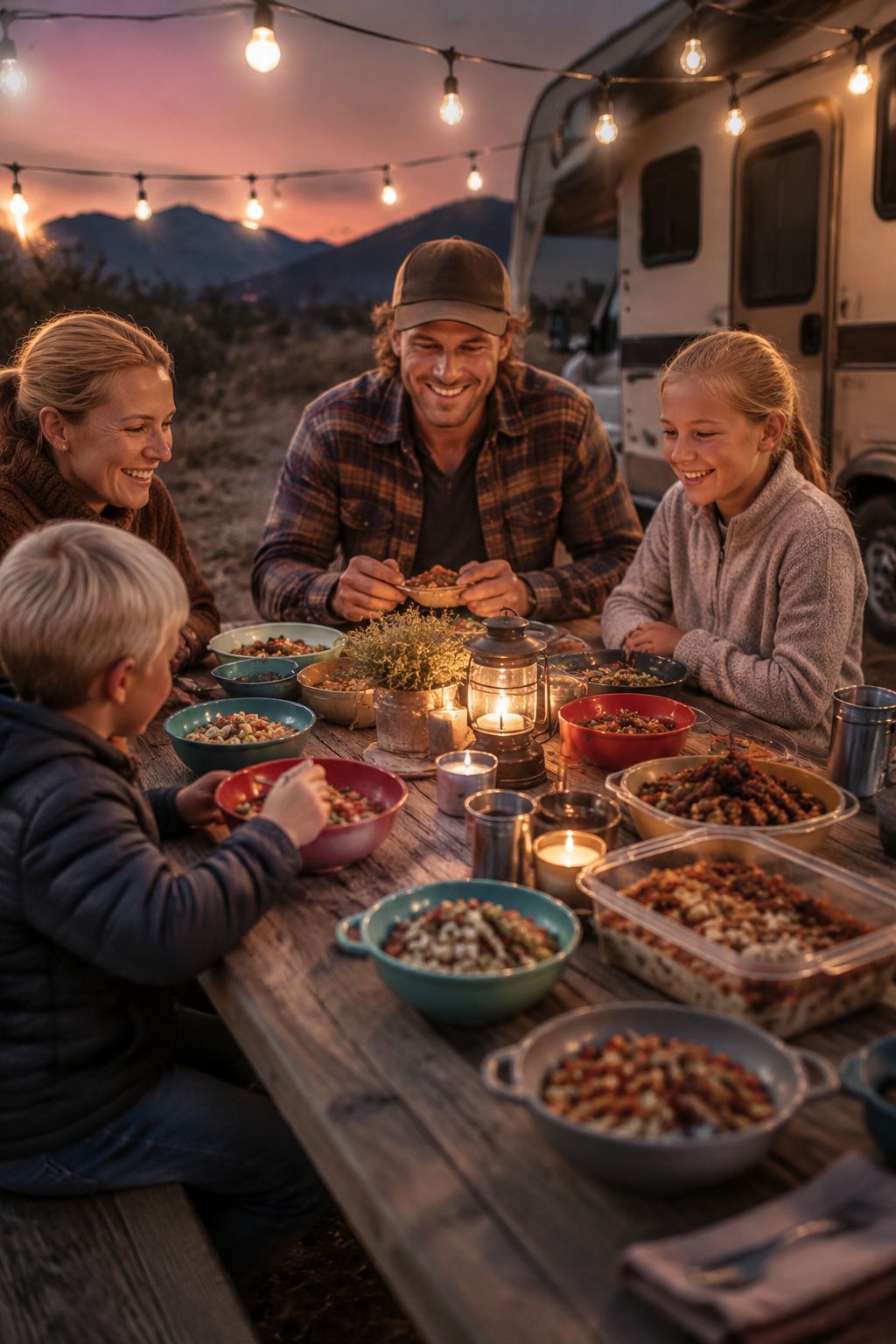 Portrait/Pinterest format () showing a happy family gathered around a campsite picnic table at dusk eating make-ahead