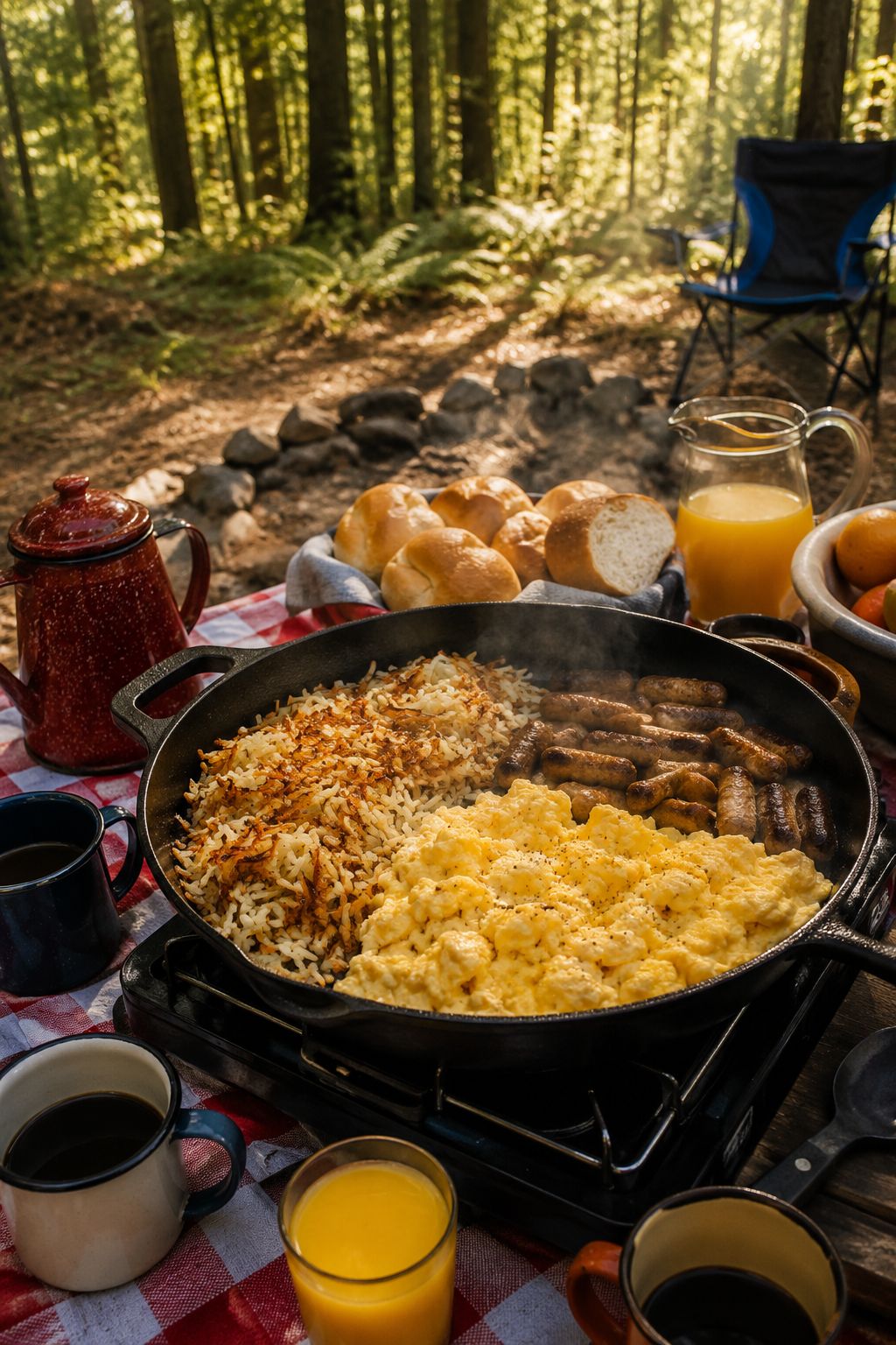 Portrait/Pinterest format () showing a large camping breakfast spread from an elevated 45-degree angle: a giant cast iron