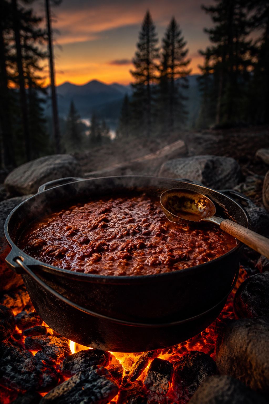 Portrait/Pinterest format () showing a massive cast iron Dutch oven filled with bubbling chili, steam rising, sitting