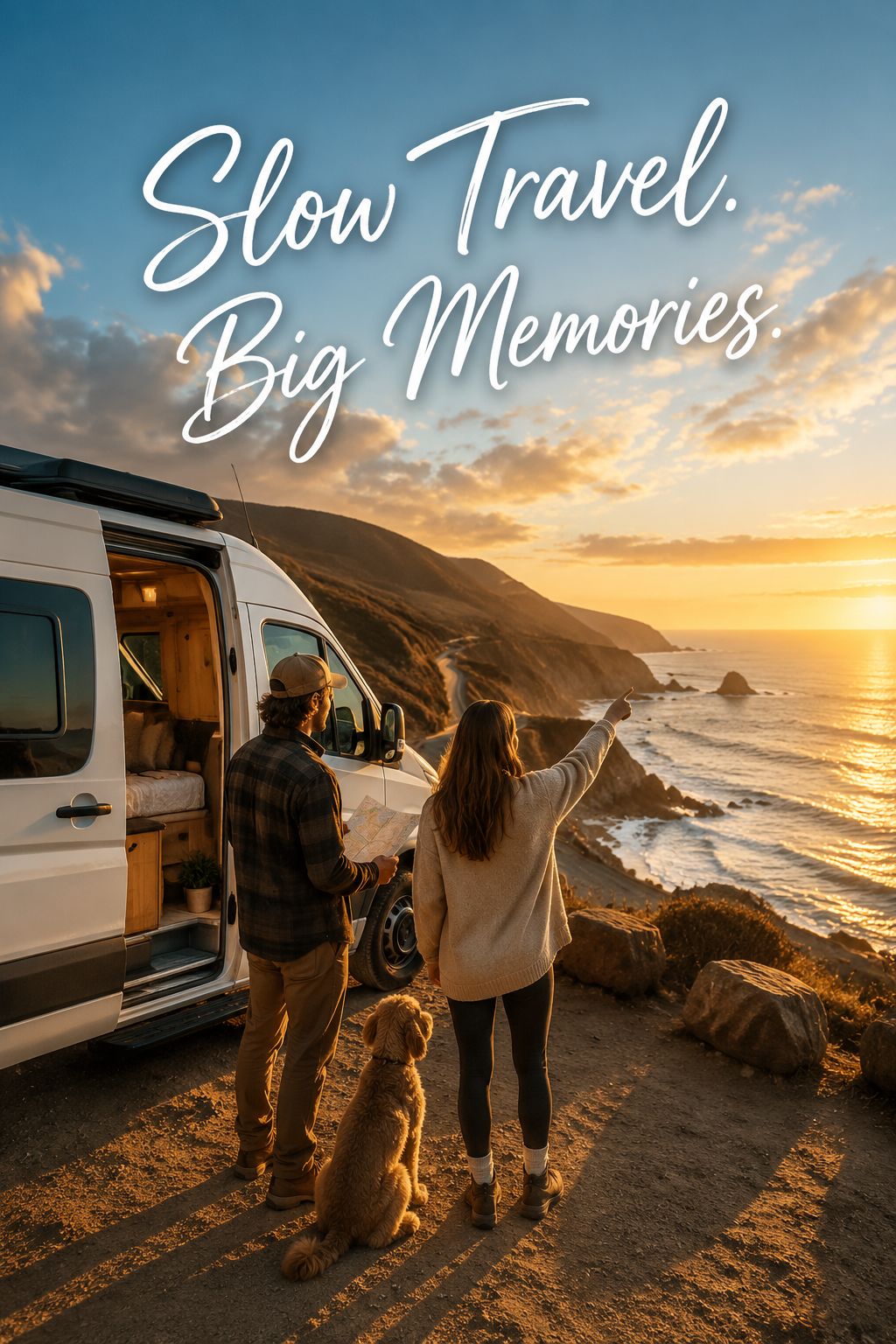 Portrait/Pinterest format () showing a serene Pacific Coast Highway scene with a couple standing outside a sleek white Class