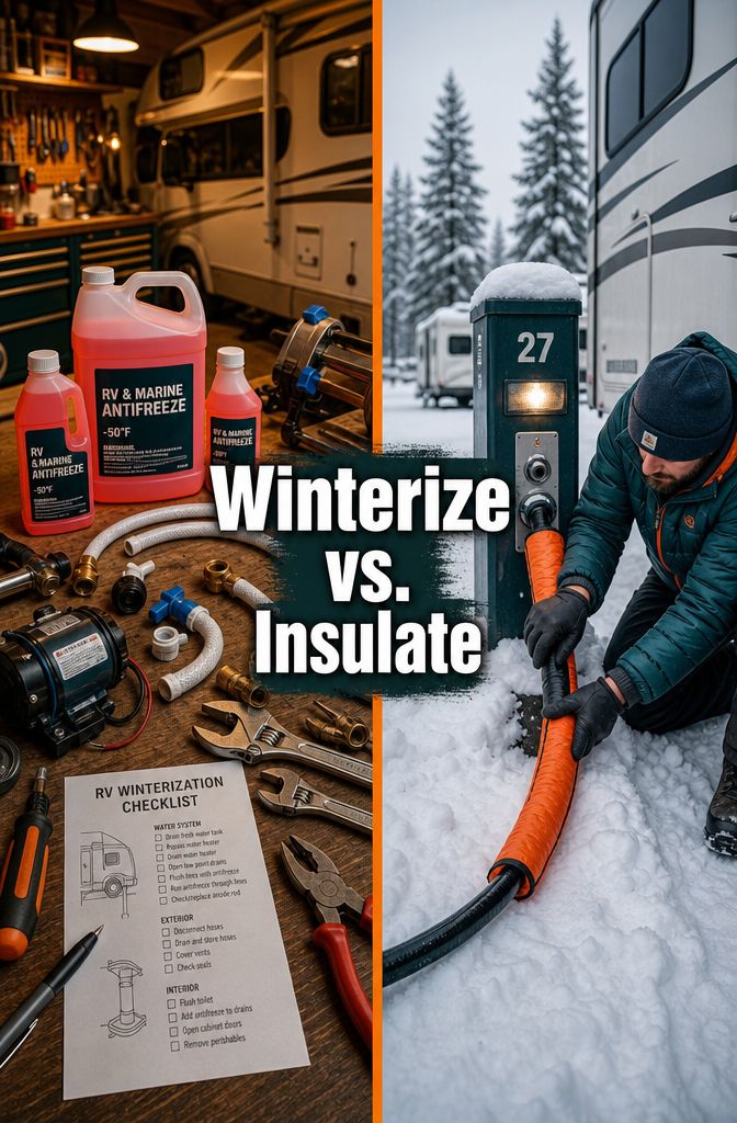 Portrait/Pinterest format () showing a split-scene comparison image: left side depicts a full RV winterization process with