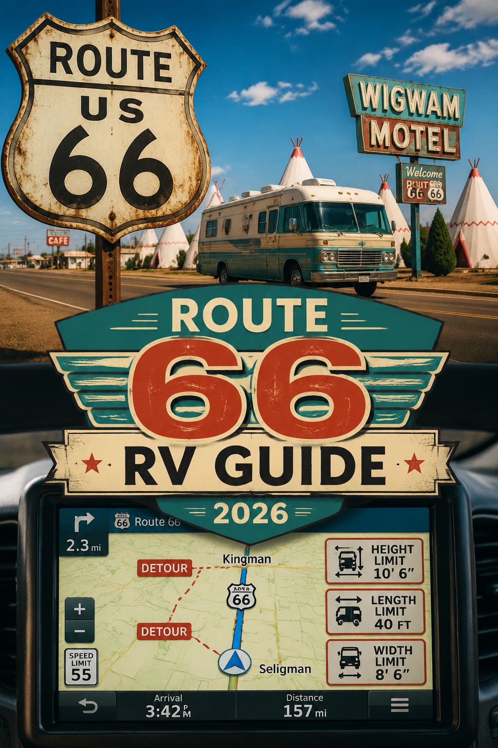 Portrait/Pinterest format () showing a split-scene composition: top half features a classic Route 66 road sign against a