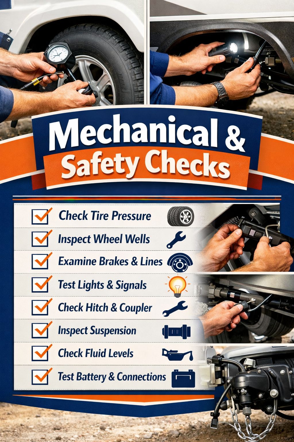 Portrait/Pinterest format () showing a split-scene infographic: top half features a close-up of RV mechanic hands checking