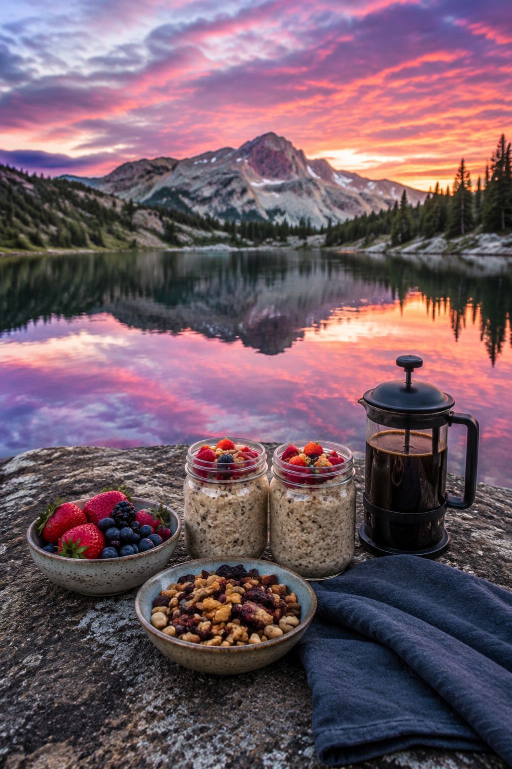 Portrait/Pinterest format () showing a styled camping breakfast spread on a boulder overlooking a mountain lake at sunrise,