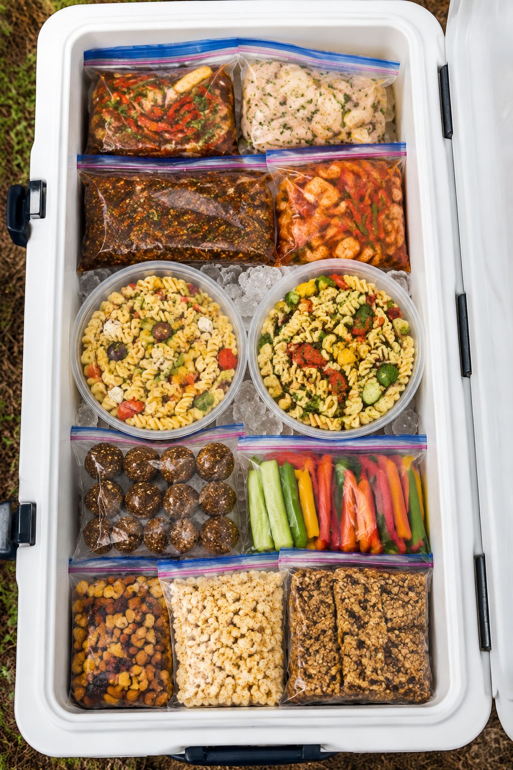 Portrait/Pinterest format () showing a top-down bird's eye view of an open cooler packed neatly with labeled freezer bags of