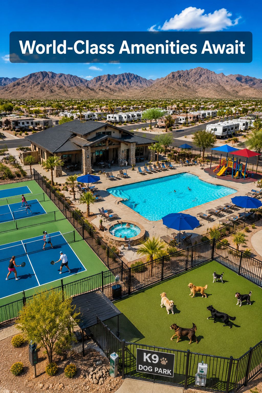 Portrait/Pinterest format () showing a vibrant bird's-eye drone perspective of Buckeye Ranch RV Resort's amenity zone