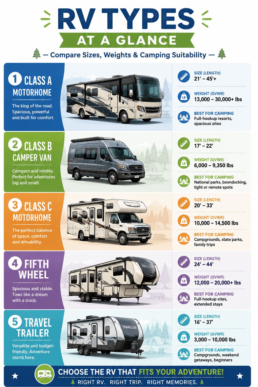 Portrait/Pinterest format () showing a vibrant illustrated comparison chart of RV types — Class A motorhome, Class B camper