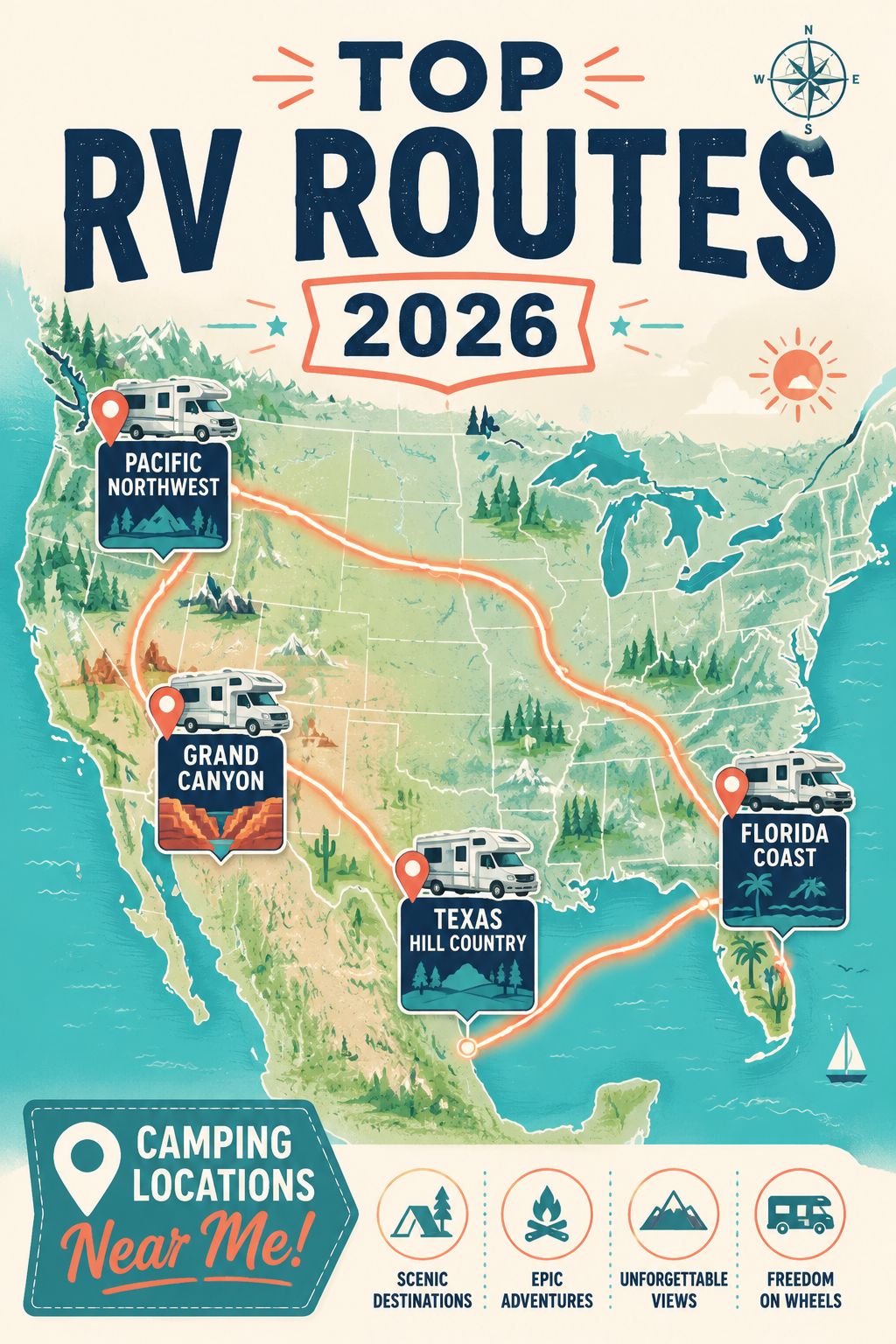 Portrait/Pinterest format () showing a vibrant infographic-style illustration of a North American map with glowing route