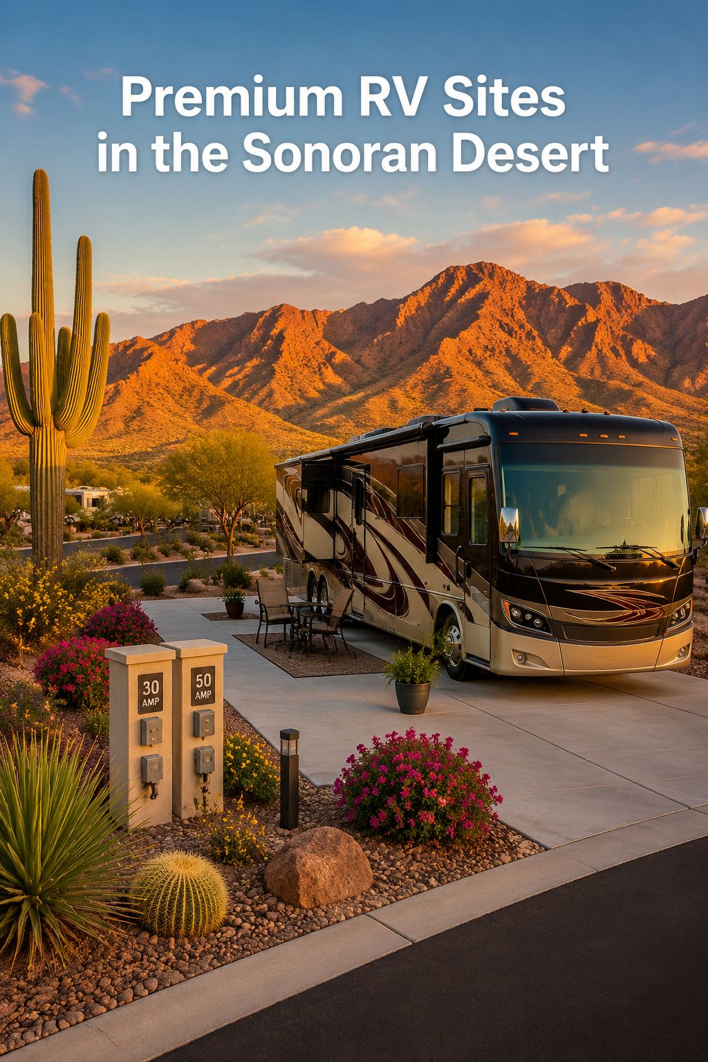 Portrait/Pinterest format () showing a wide-angle ground-level view of Buckeye Ranch RV Resort's premium full-hookup RV