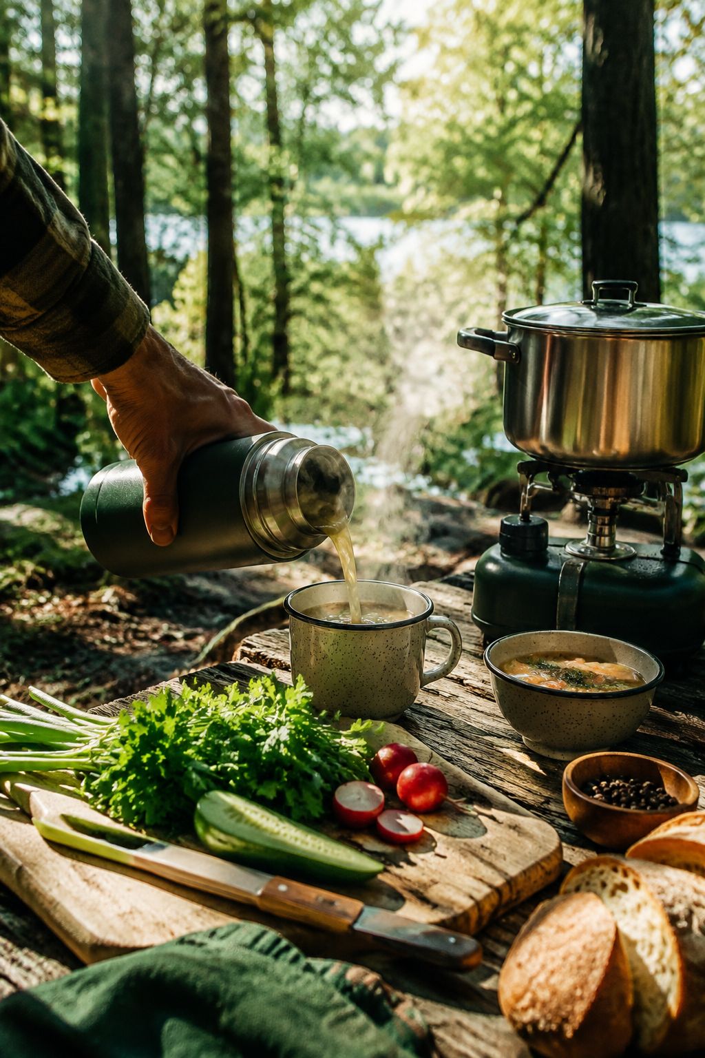 Portrait/Pinterest format () showing a wide-angle view of a campsite lunch spread with a thermos of hot soup being poured