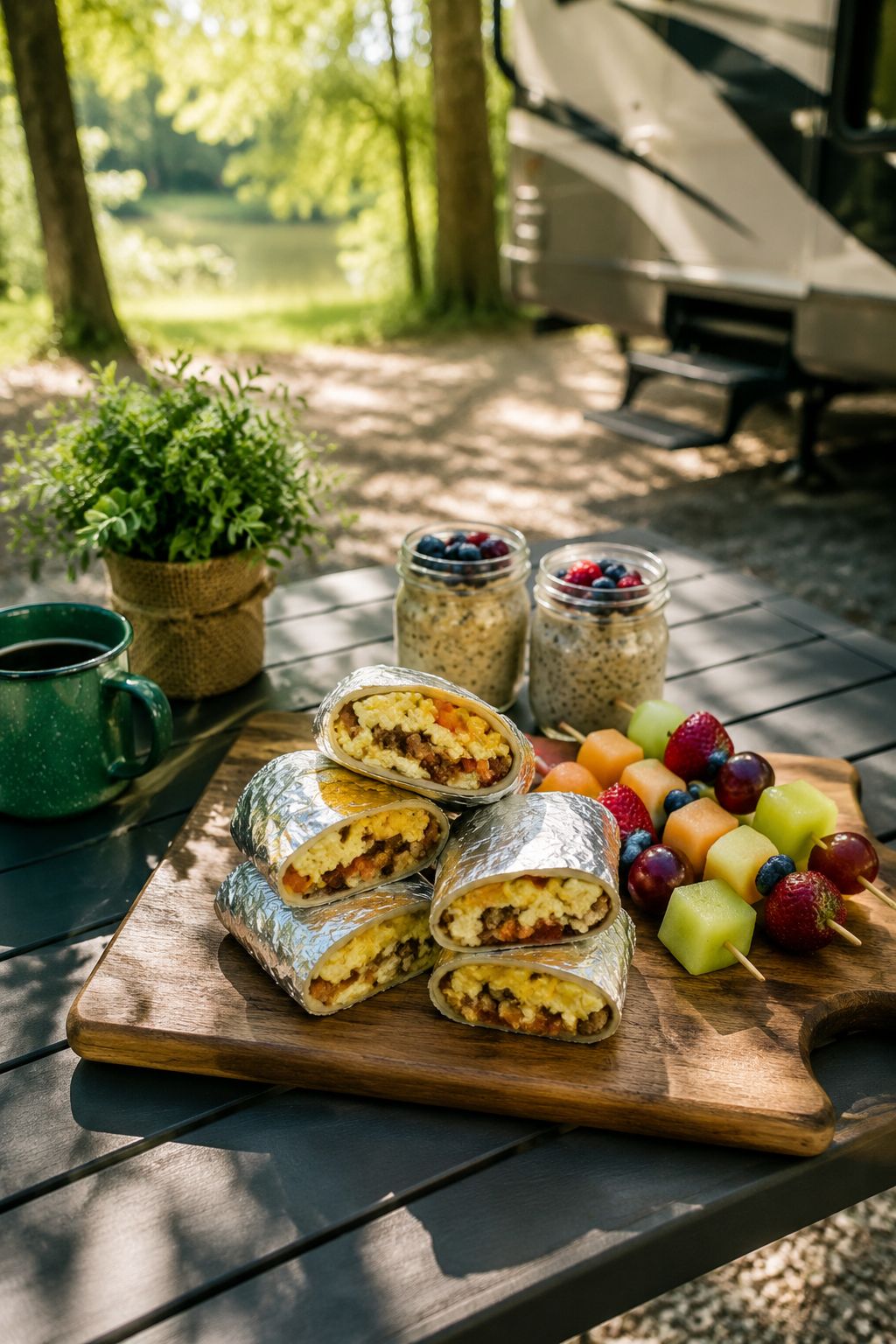 Portrait/Pinterest format () showing a wooden cutting board on an RV outdoor folding table with sliced make-ahead breakfast