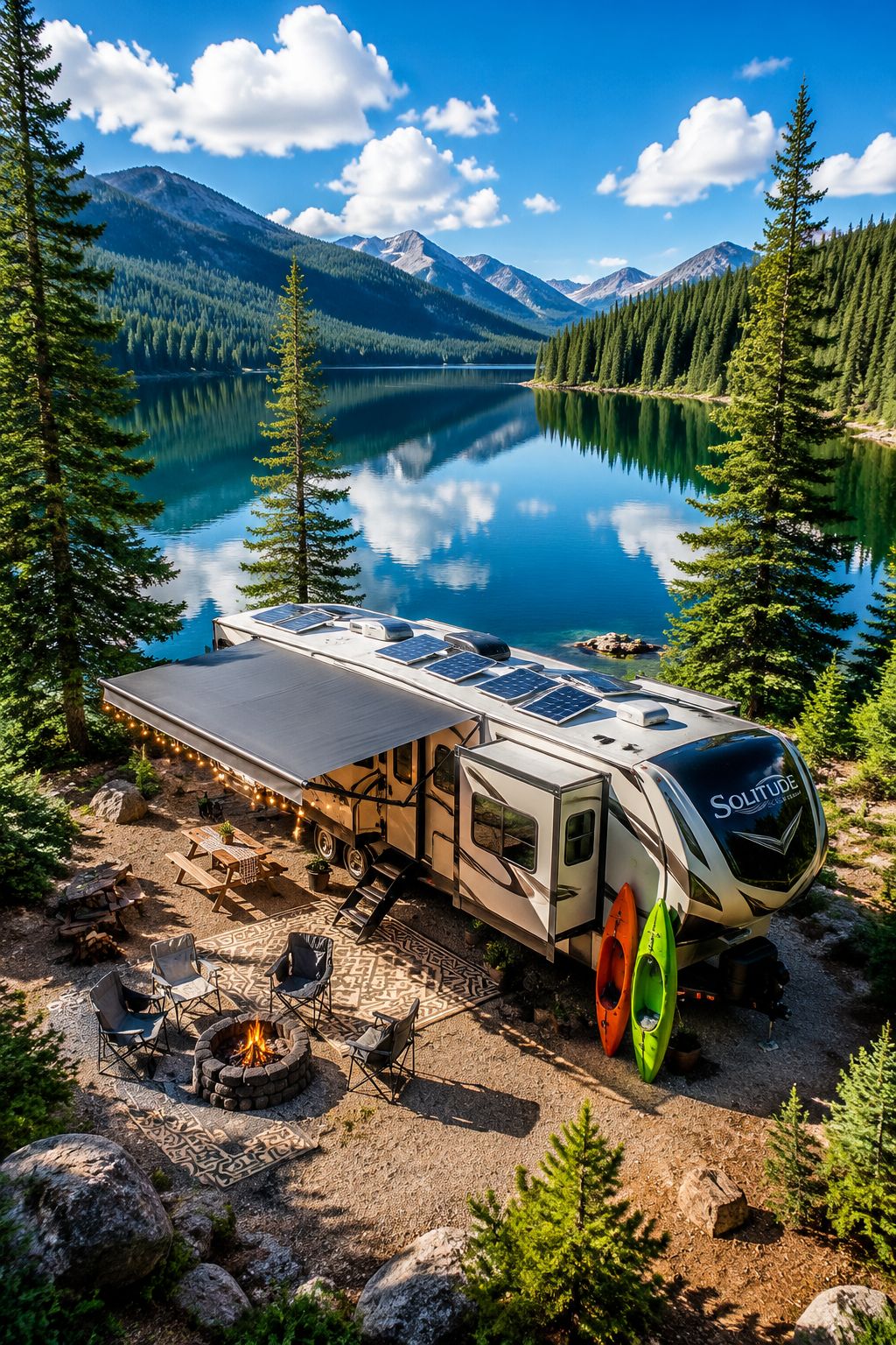 Portrait/Pinterest format () showing an aerial drone-style view of a well-organized campsite with an RV parked beside a