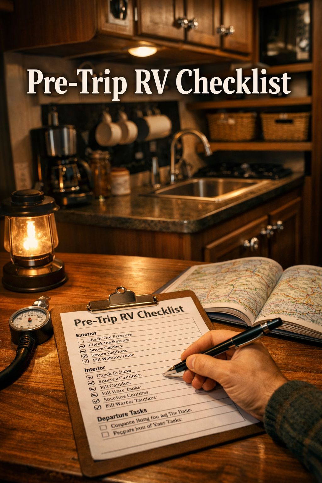 Portrait/Pinterest format () showing an organized RV interior at night, warm lamp lighting illuminating a wooden table with