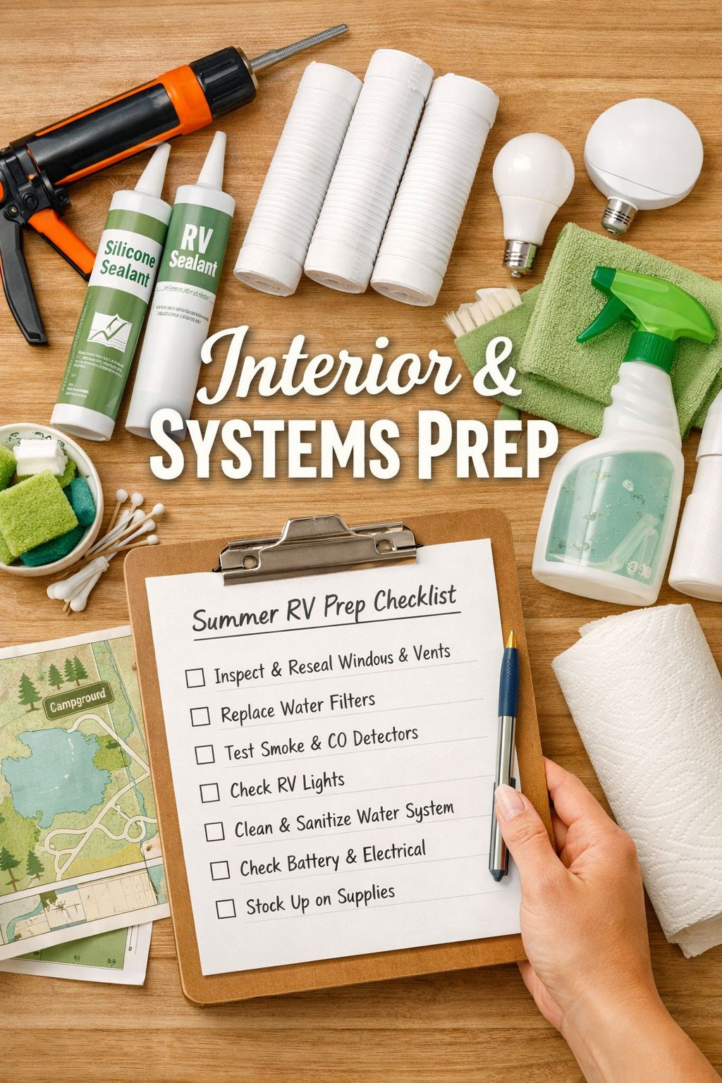 Portrait/Pinterest format () showing an overhead flat-lay of RV interior prep supplies: fresh caulk gun, silicone sealant