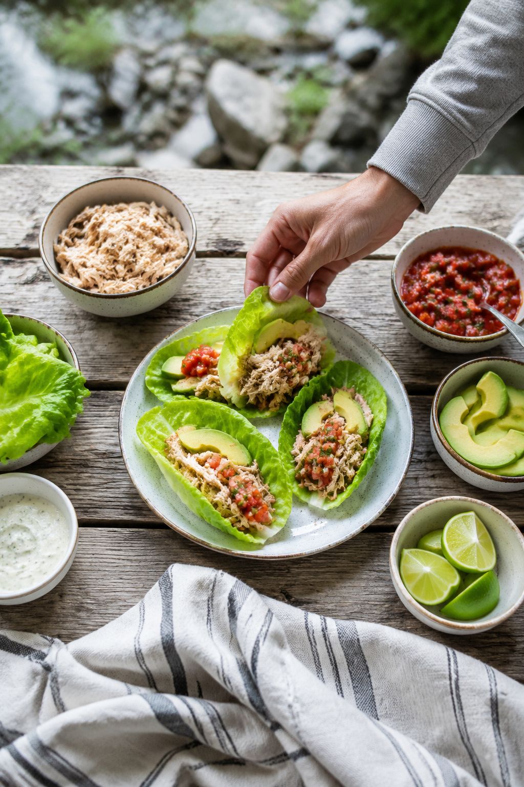 Portrait/Pinterest format () showing hands assembling colorful lettuce wrap tacos at a campsite picnic table, with small