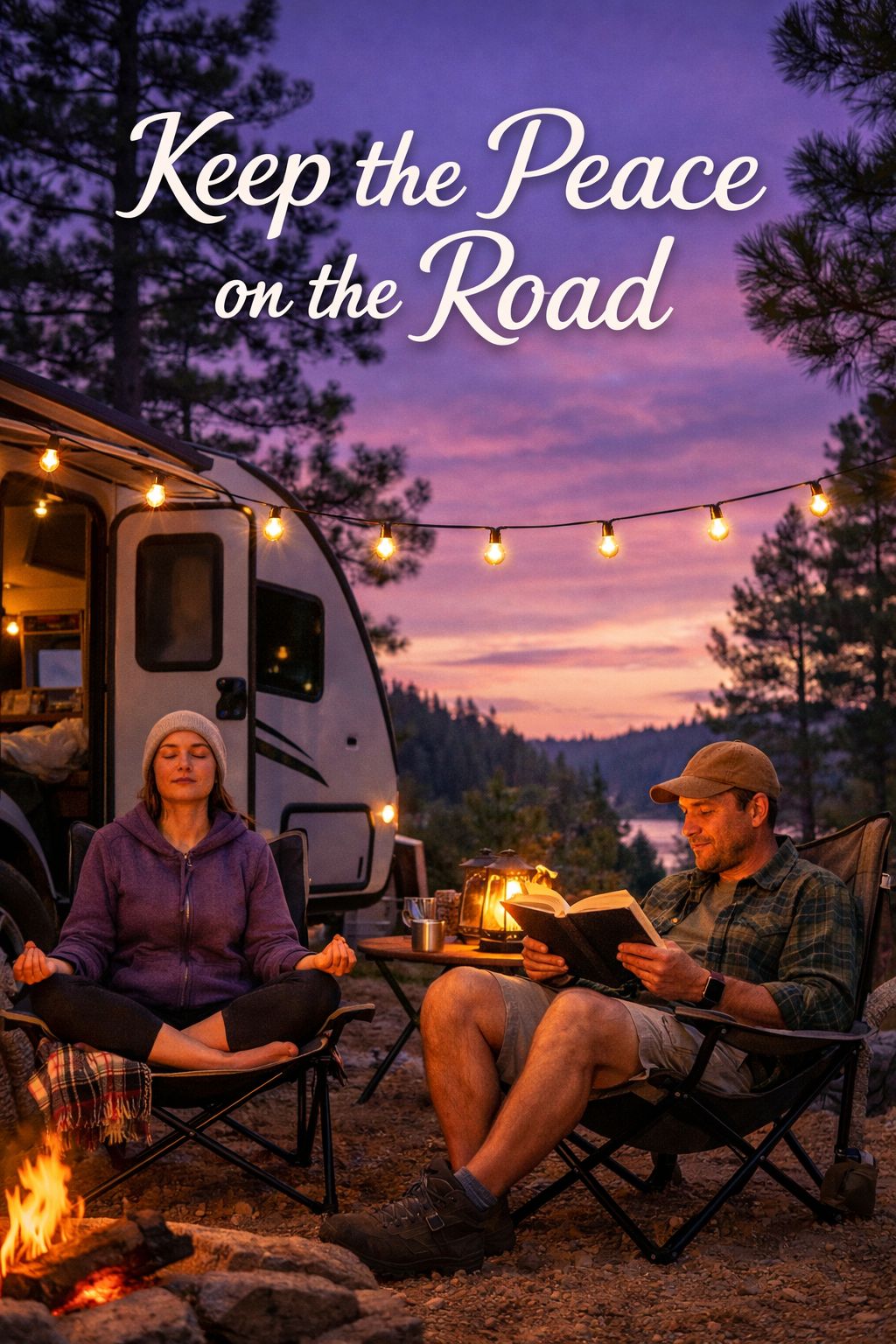 Portrait/Pinterest format () showing two RV travelers sitting outside their compact camper at a scenic campground at dusk,