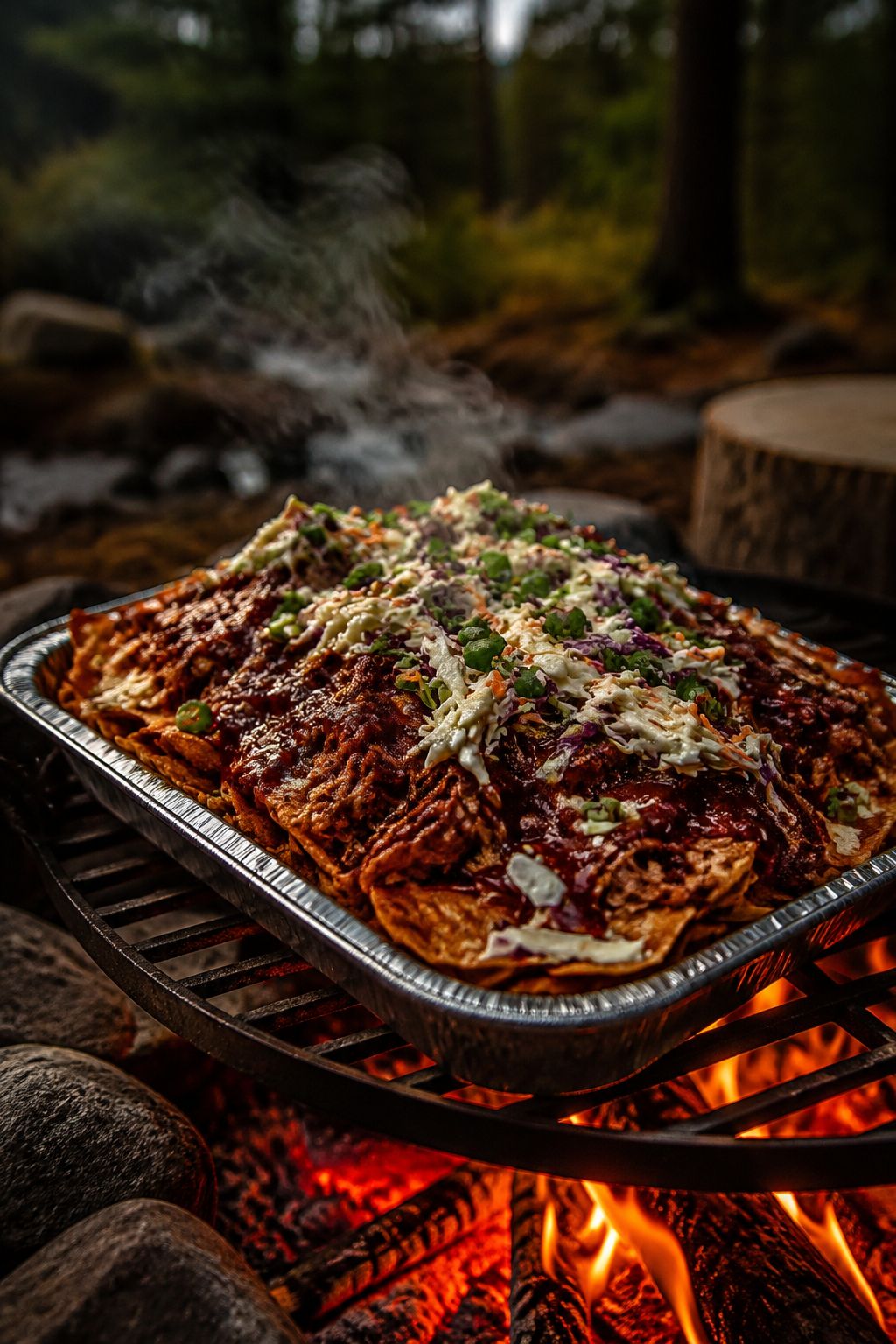 Portrait/Pinterest format () side-angle shot of BBQ pulled pork campfire nachos piled high in a foil tray balanced on a