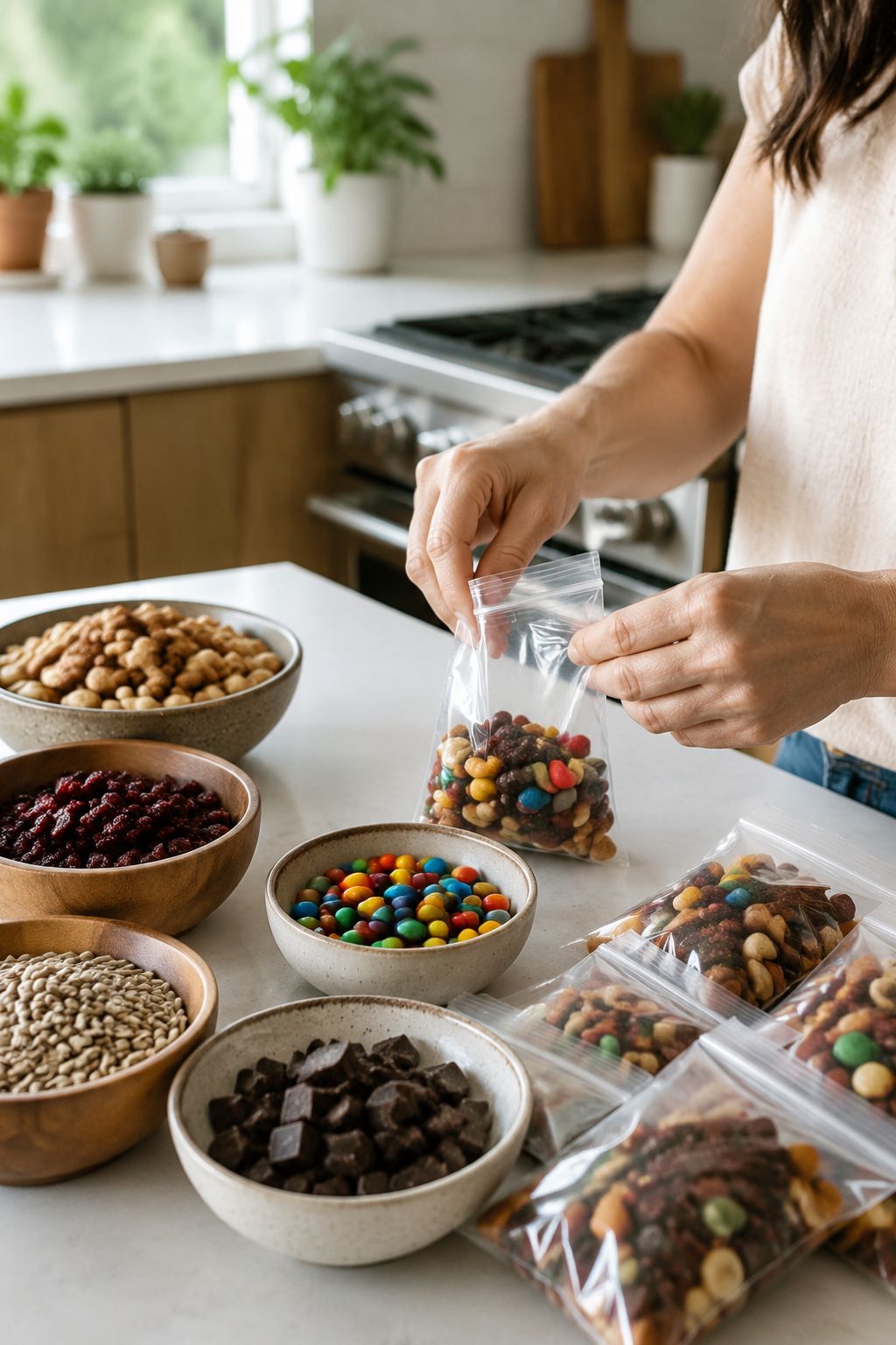 Portrait/Pinterest format () side-angle shot of a person's hands packing colorful trail mix into small resealable bags at a