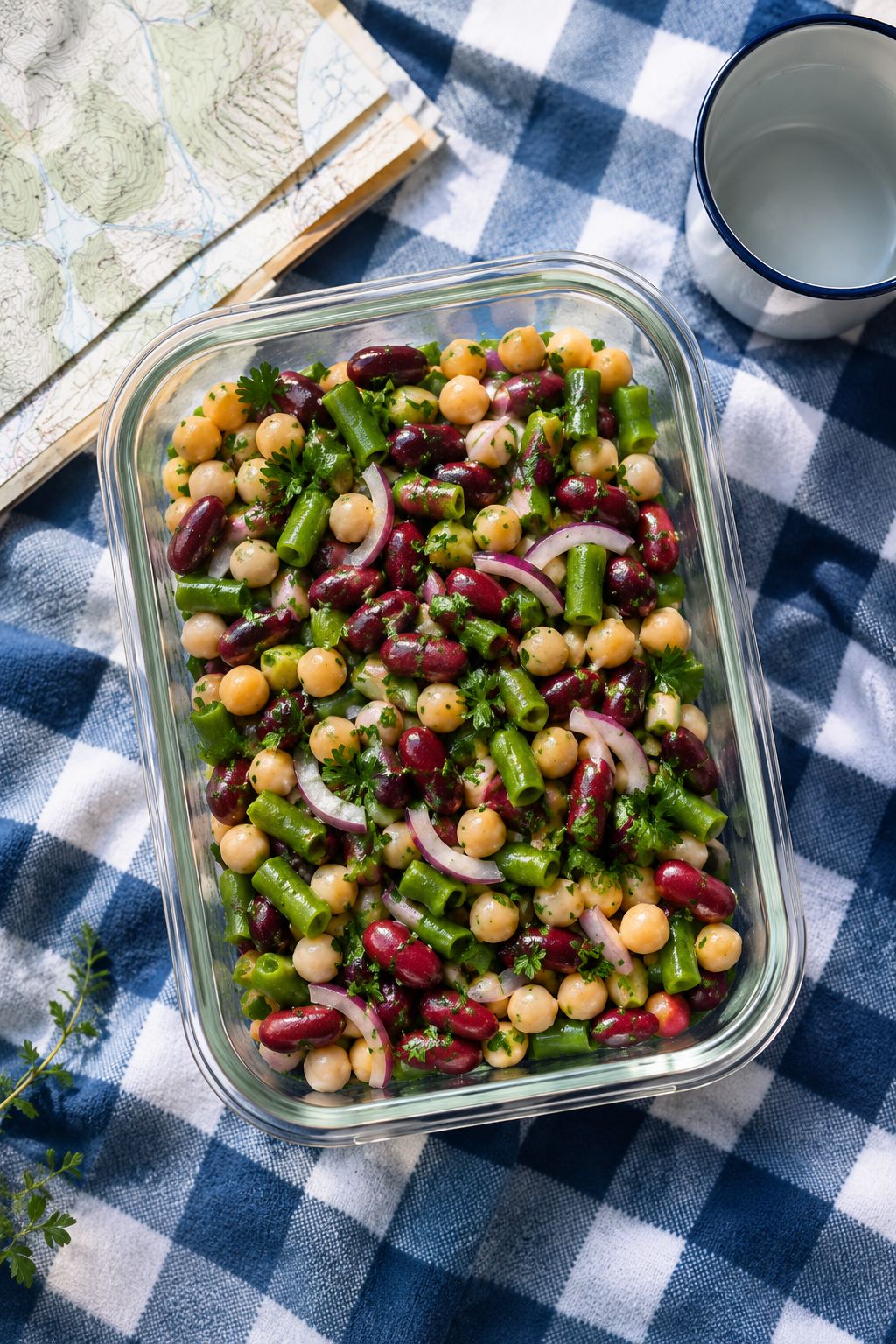 Portrait/Pinterest format () top-down aerial view of a colorful three-bean salad in a large glass storage container with