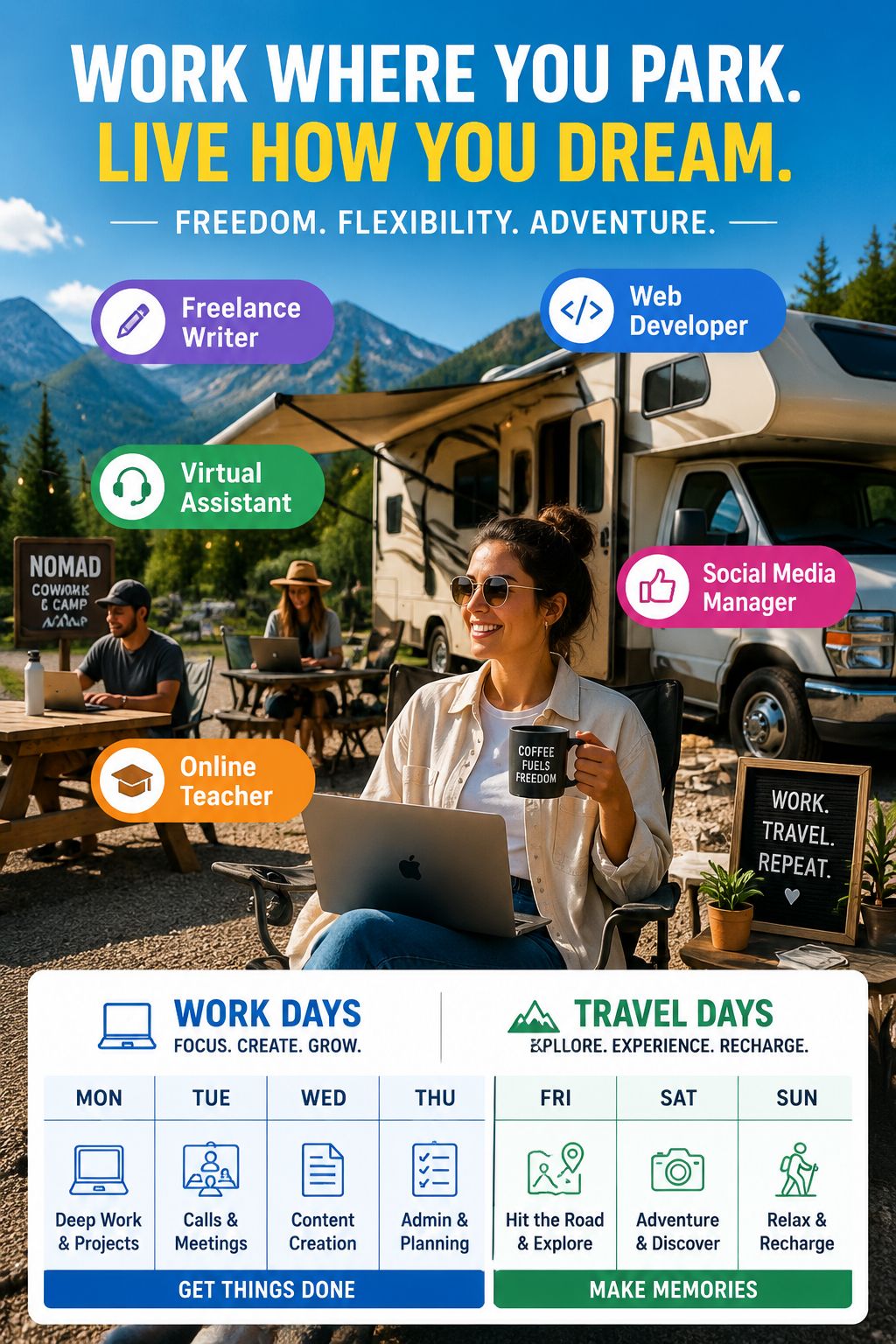 Portrait/Pinterest format () vibrant editorial photo-illustration showing a young professional sitting outside a Class C