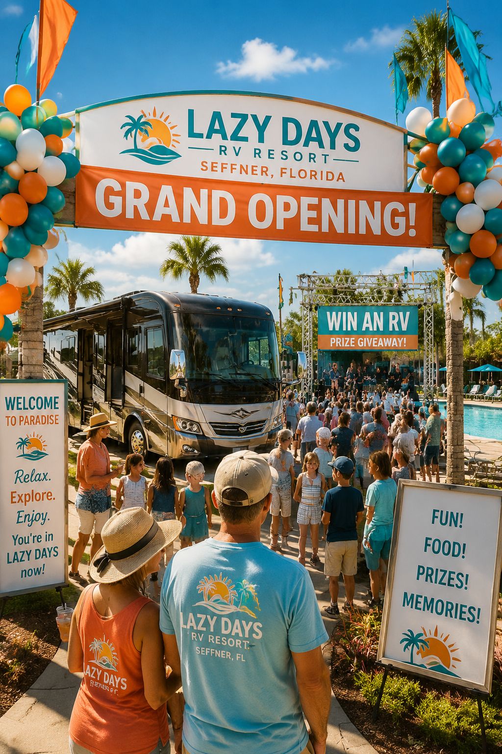 Portrait/Pinterest format () vibrant scene of a festive RV resort grand opening celebration at the Lazy Days RV Resort in