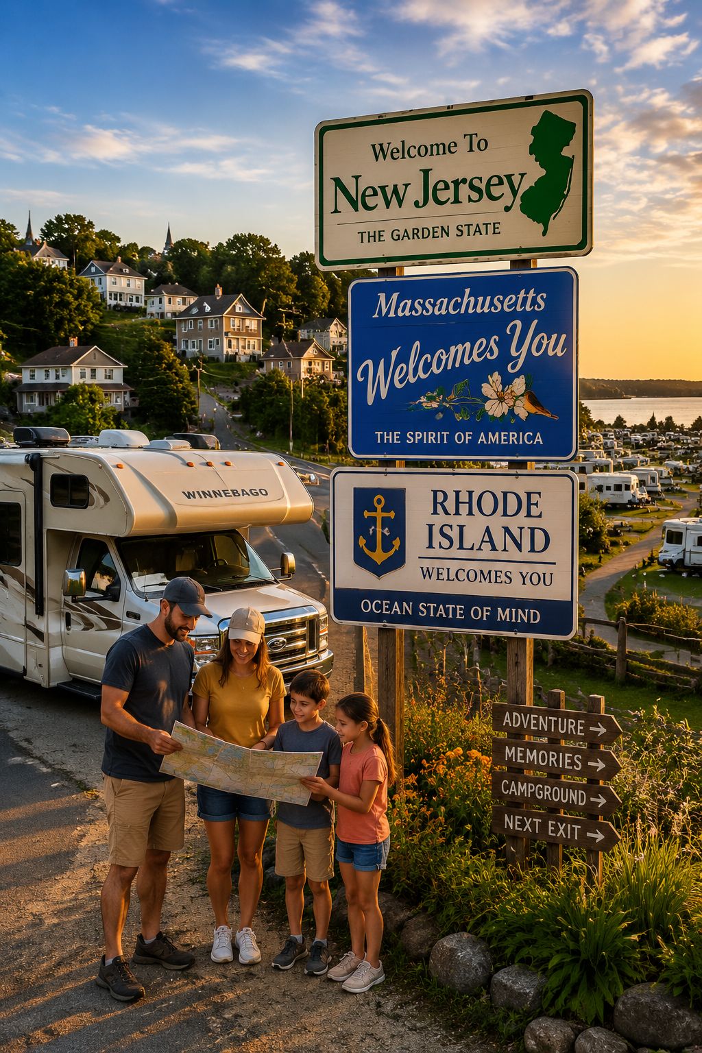 Portrait/Pinterest format () vibrant travel photography composite showing an RV motorhome parked at a state border welcome