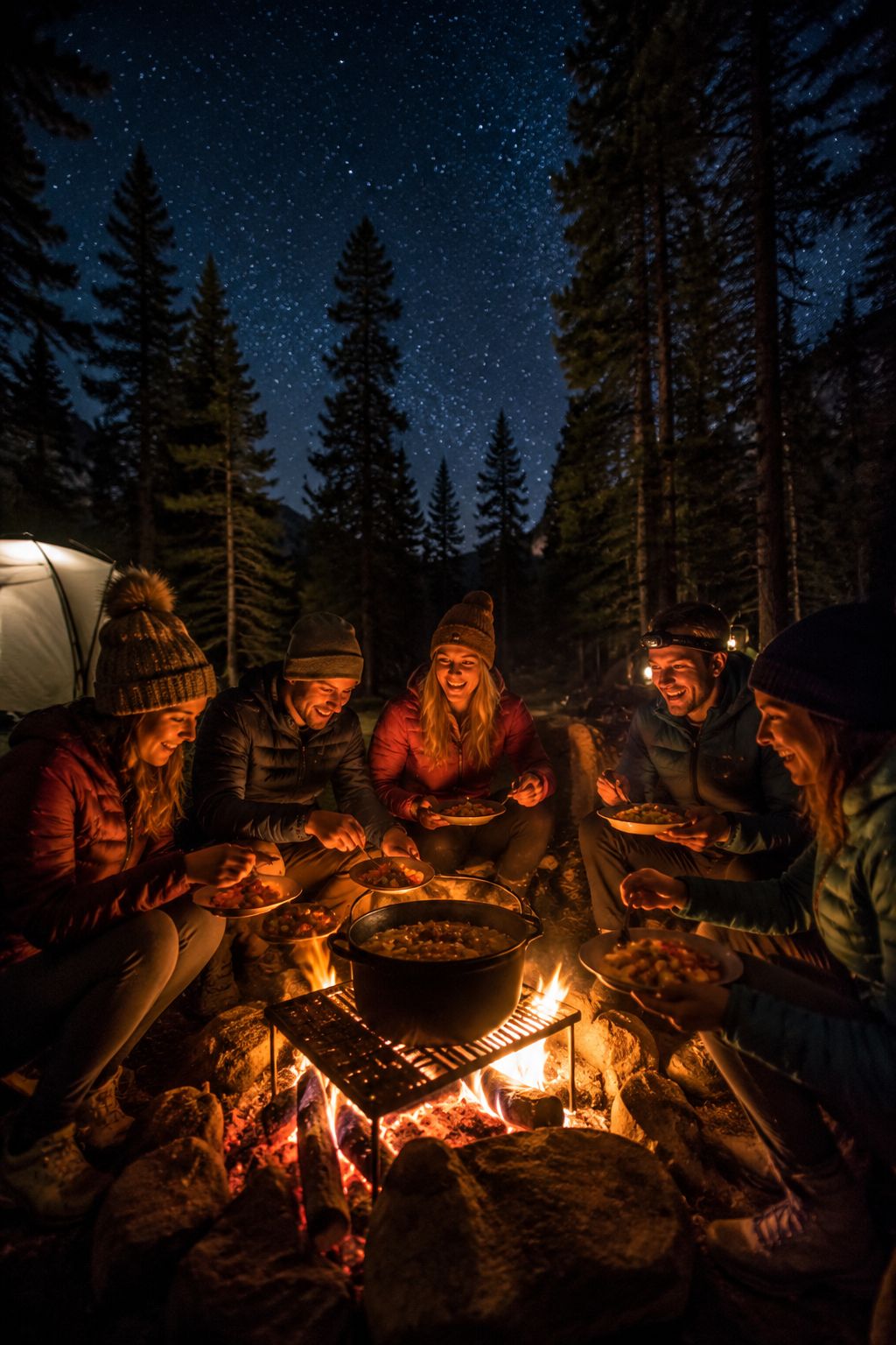 Portrait/Pinterest format () wide-angle campsite dinner scene showing a happy group of campers seated around a glowing