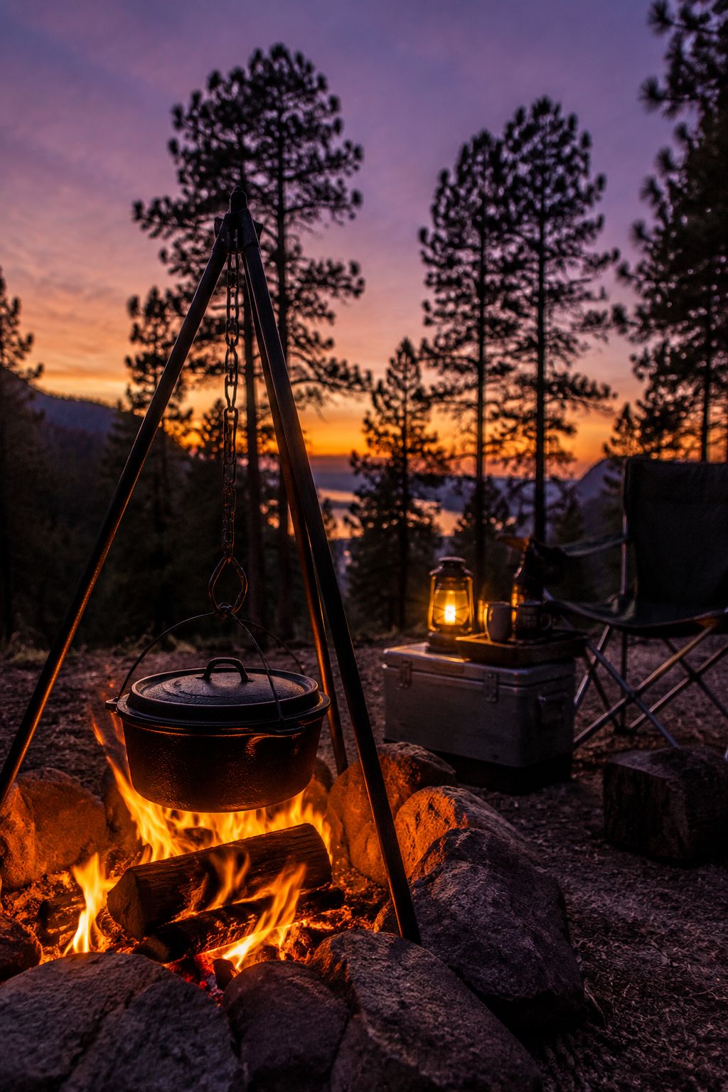 Portrait/Pinterest format () wide-angle campsite scene at dusk showing a Dutch oven suspended over a crackling fire on a