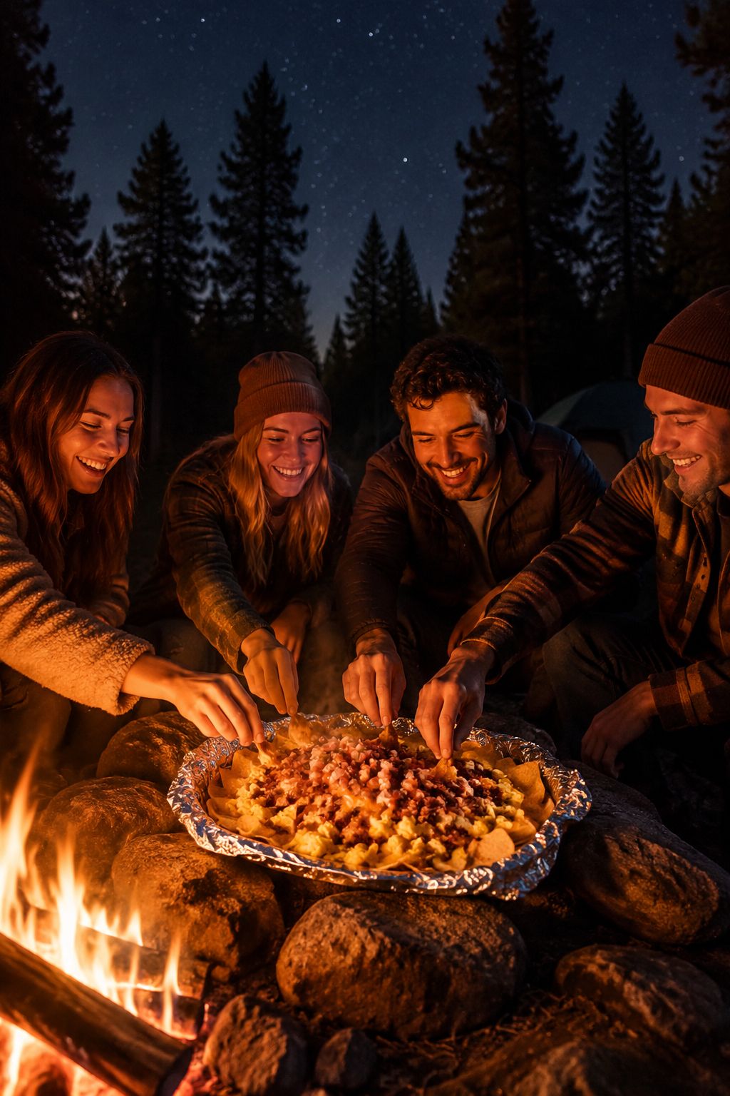 Portrait/Pinterest format () wide-angle lifestyle shot of a group of friends gathered around a campfire at night sharing a