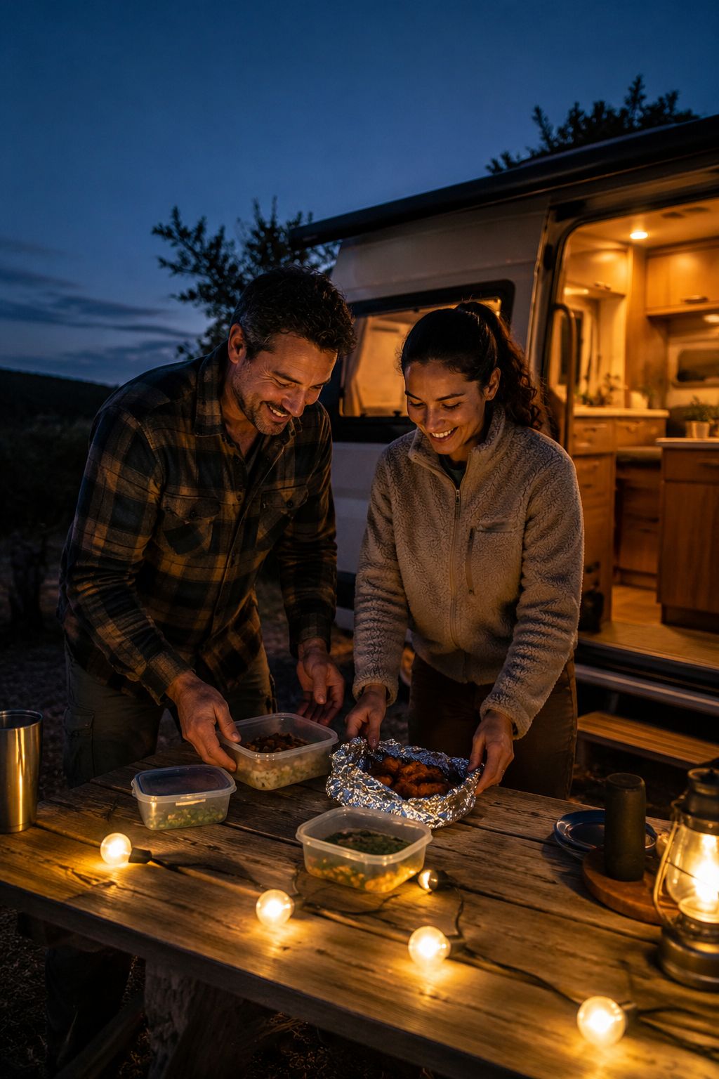 Portrait/Pinterest format () wide environmental shot of a smiling couple setting up a camp dinner at dusk beside their RV,