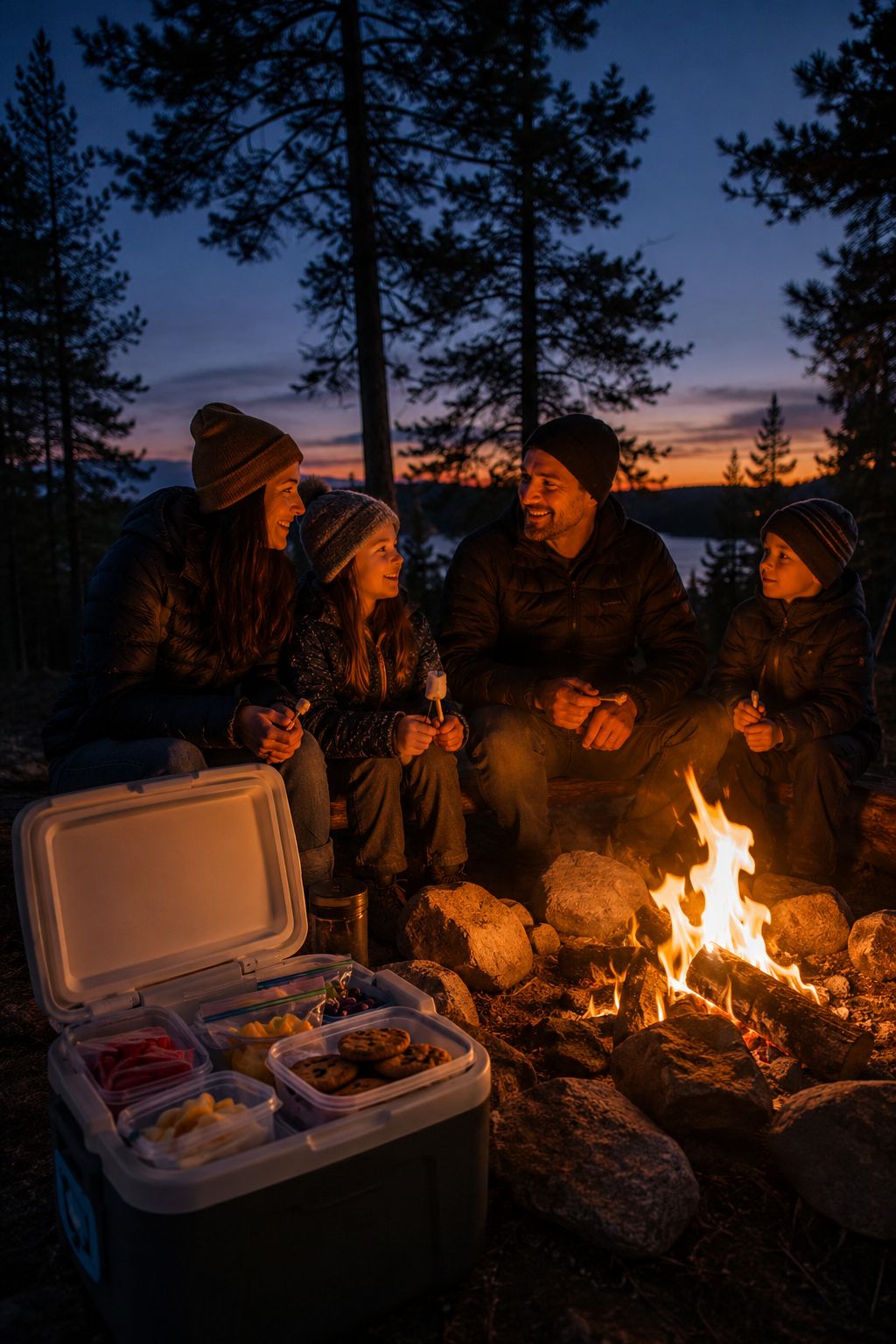 Portrait/Pinterest format () wide shot of a campfire scene at dusk with a camping family sitting on logs, a cooler open