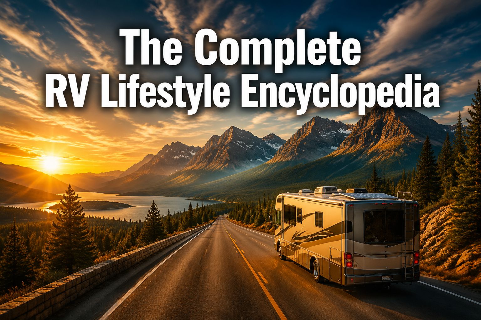 Professional () hero image with : 'The Complete RV Lifestyle Encyclopedia' in extra large white with dark drop , centered in
