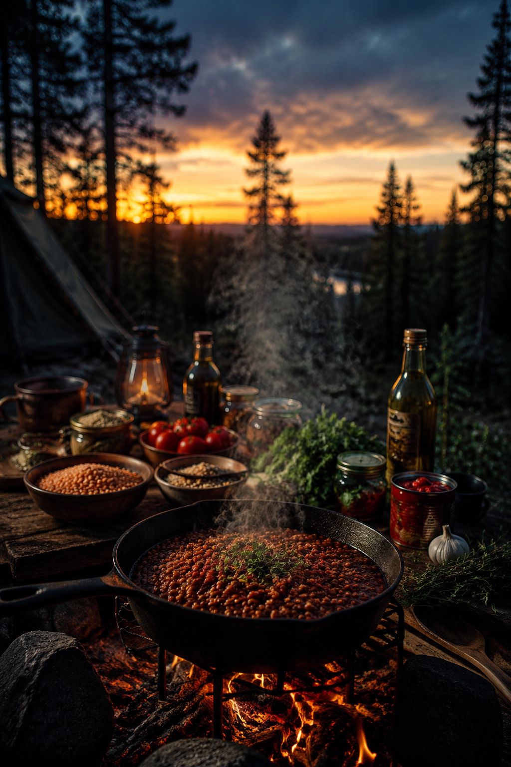 Professional portrait/Pinterest format () hero image showing a rustic campfire scene at dusk with a cast iron skillet