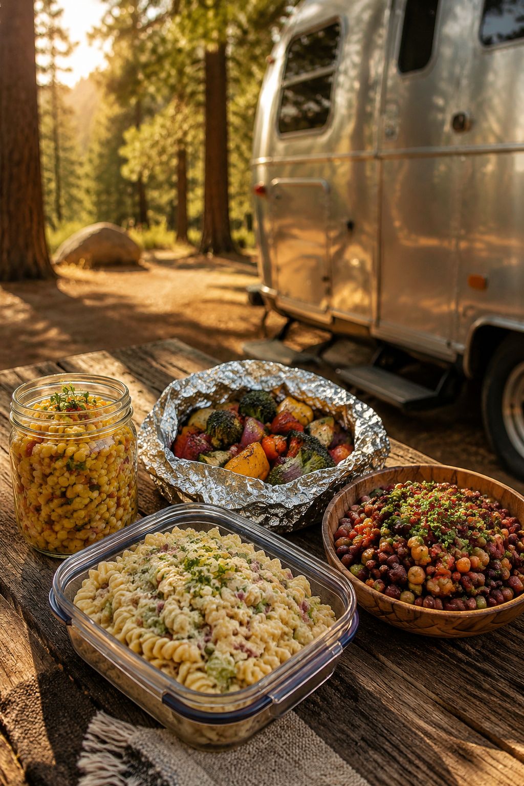 Professional portrait/Pinterest format () hero image showing a rustic wooden picnic table beside a shiny silver RV parked in