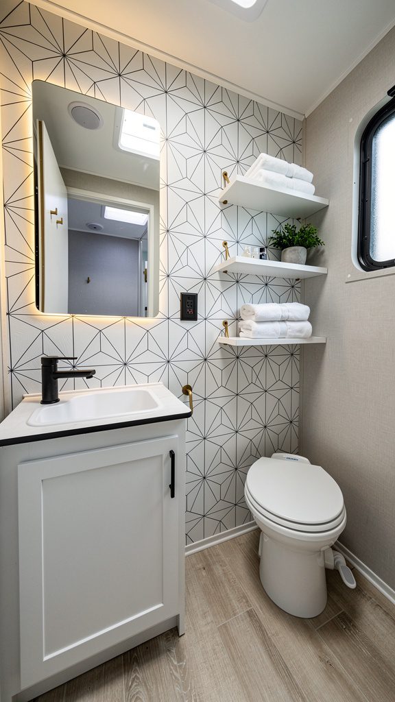RV bathroom with peel and stick accent wall
