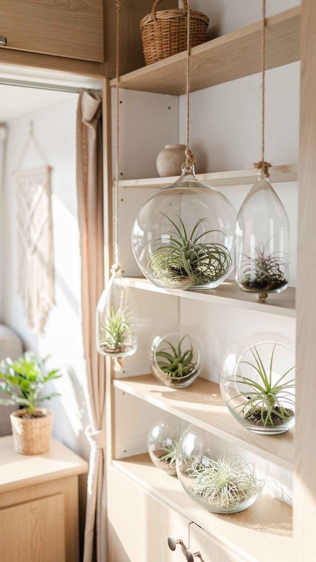 Air plants in glass terrariums on RV shelf