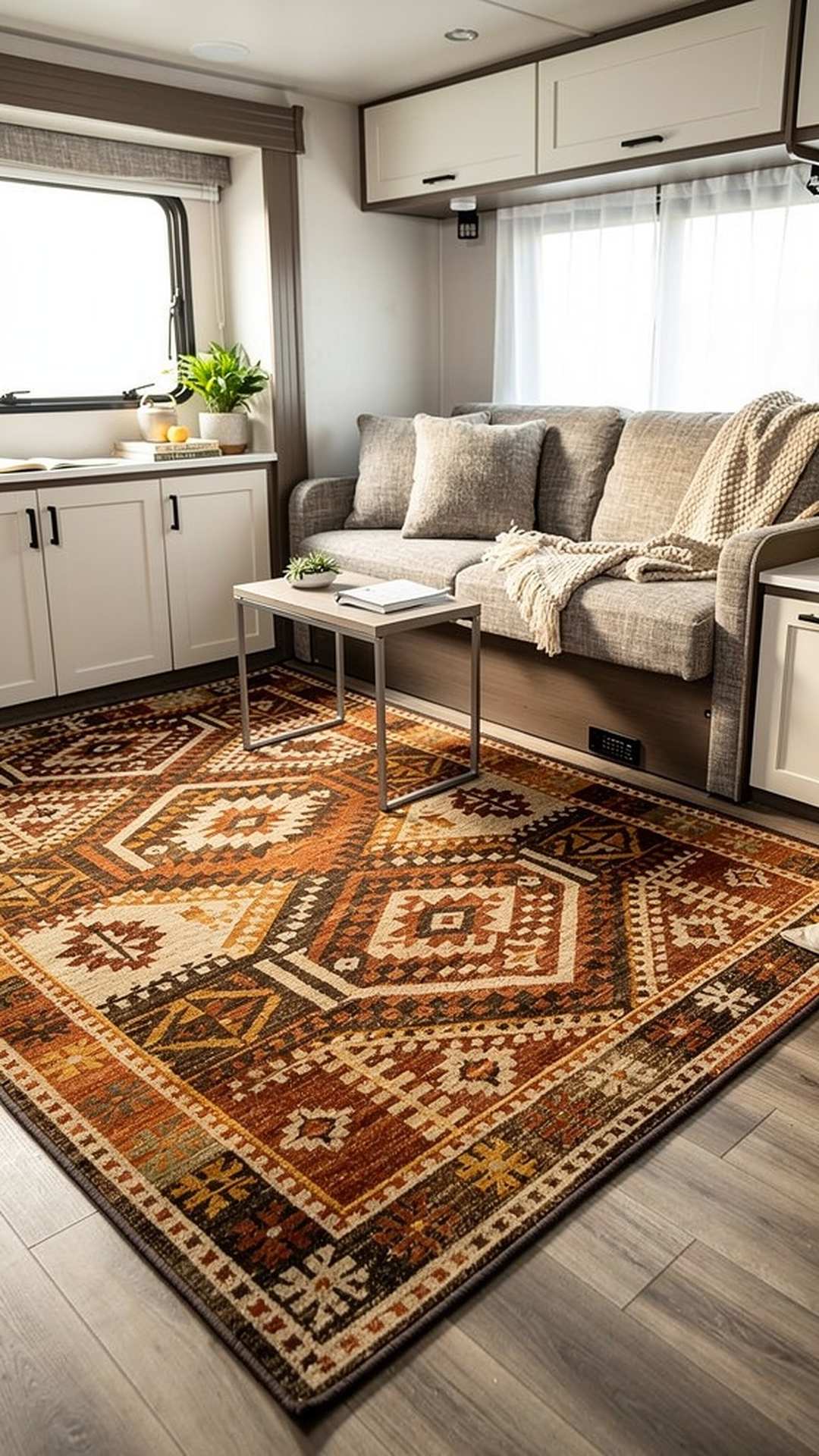 RV interior with stylish area rug adding warmth