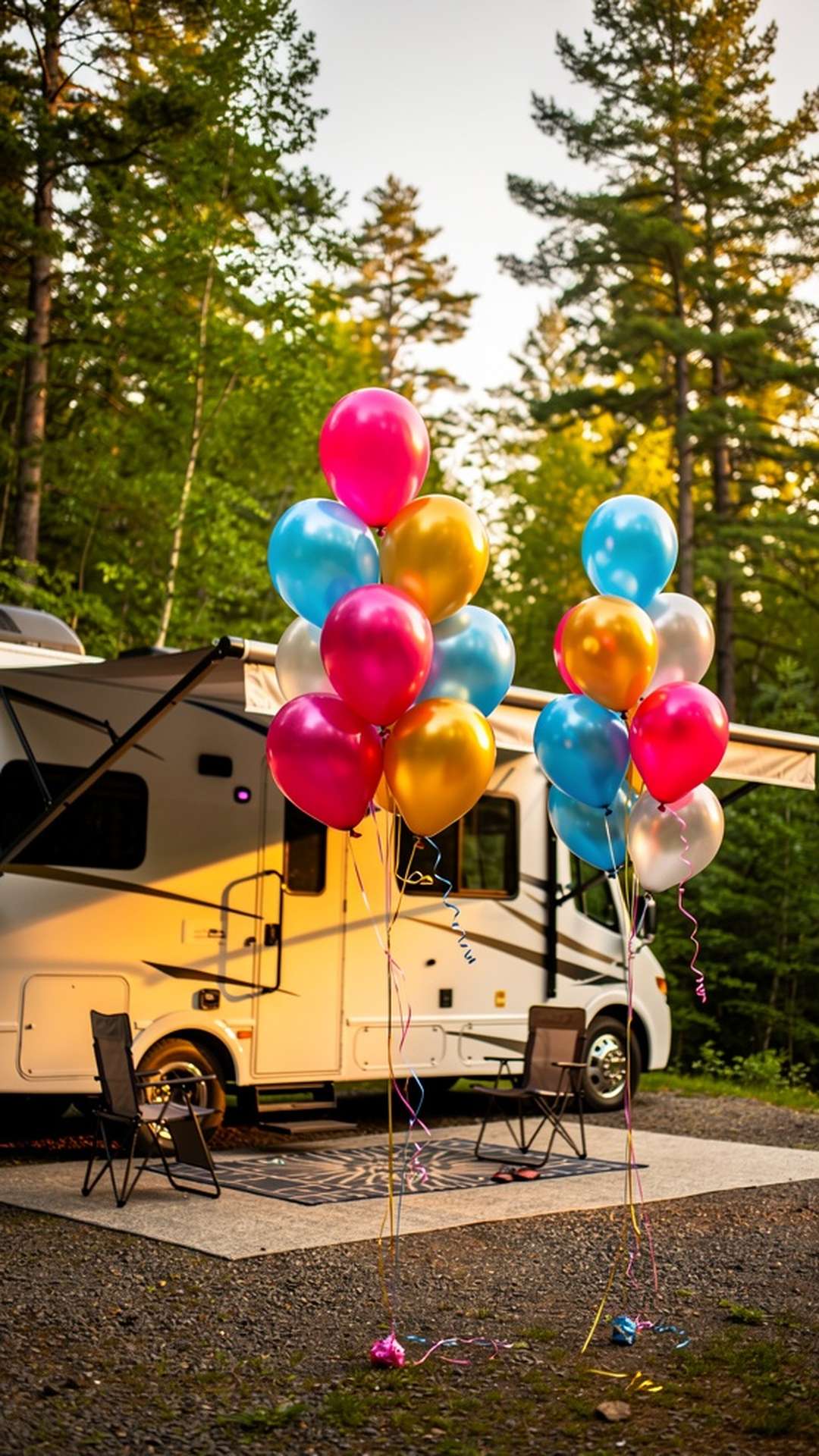 Colorful birthday balloons on RV awning