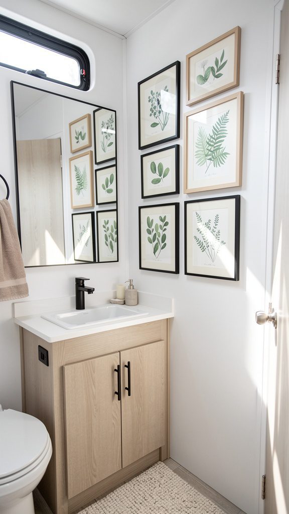 RV bathroom with botanical prints